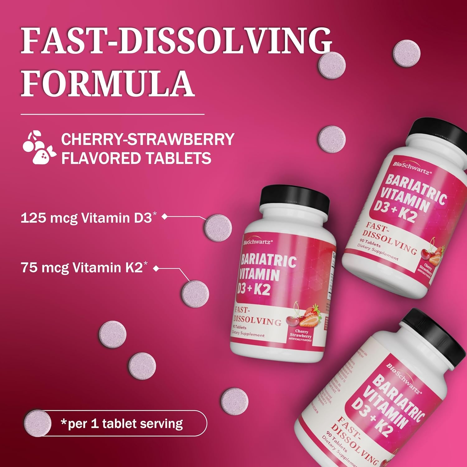 image:imageBioSchwartz Bariatric B12 Plus Dissolvable Tablets 1000mcg Vitamin B12 Vitamin B6 Folate Biotin Cherry Strawberry Flavor 3Month Supply Third Party Tested for Bariatric Patients 90 CountBariatric D3K2 90 Count