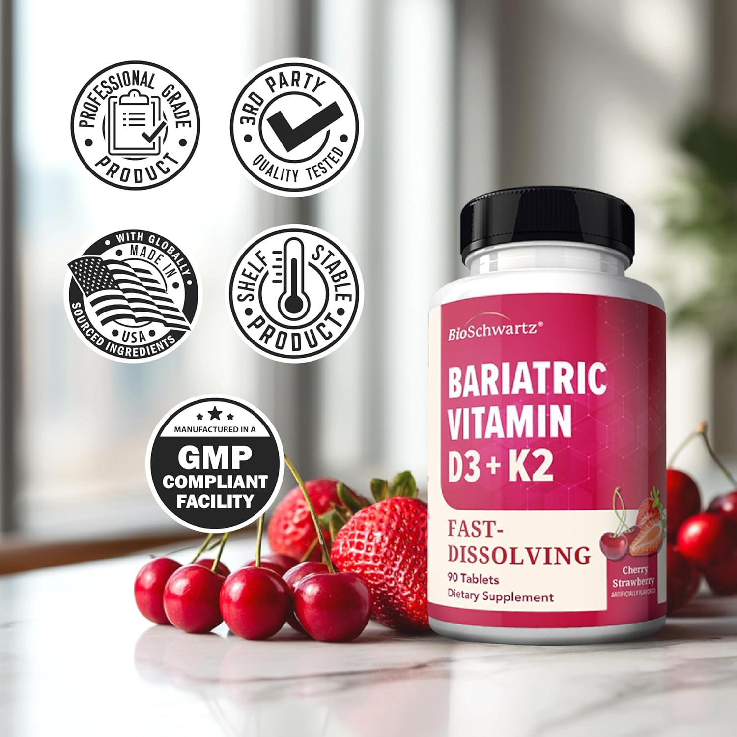 image:imageBioSchwartz Bariatric B12 Plus Dissolvable Tablets 1000mcg Vitamin B12 Vitamin B6 Folate Biotin Cherry Strawberry Flavor 3Month Supply Third Party Tested for Bariatric Patients 90 CountBariatric D3K2 90 Count