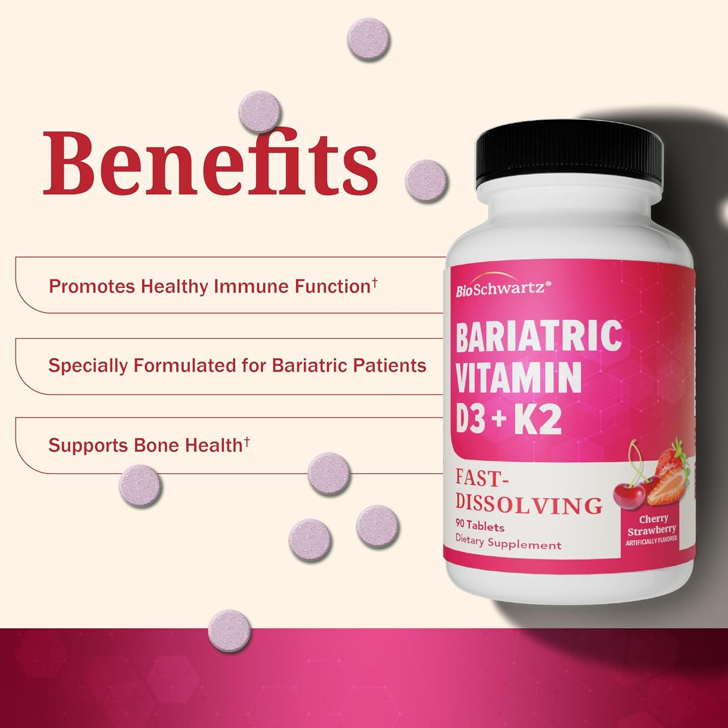 image:imageBioSchwartz Bariatric B12 Plus Dissolvable Tablets 1000mcg Vitamin B12 Vitamin B6 Folate Biotin Cherry Strawberry Flavor 3Month Supply Third Party Tested for Bariatric Patients 90 CountBariatric D3K2 90 Count
