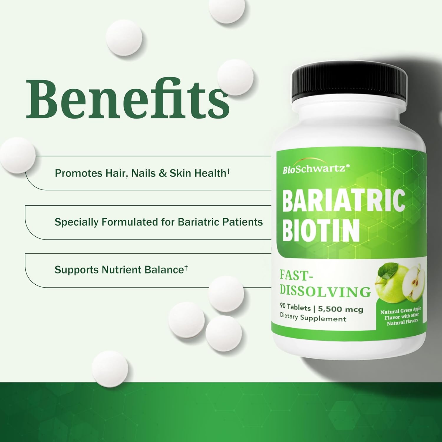 image:imageBioSchwartz Bariatric B12 Plus Dissolvable Tablets 1000mcg Vitamin B12 Vitamin B6 Folate Biotin Cherry Strawberry Flavor 3Month Supply Third Party Tested for Bariatric Patients 90 CountBariatric Biotin 90 Count