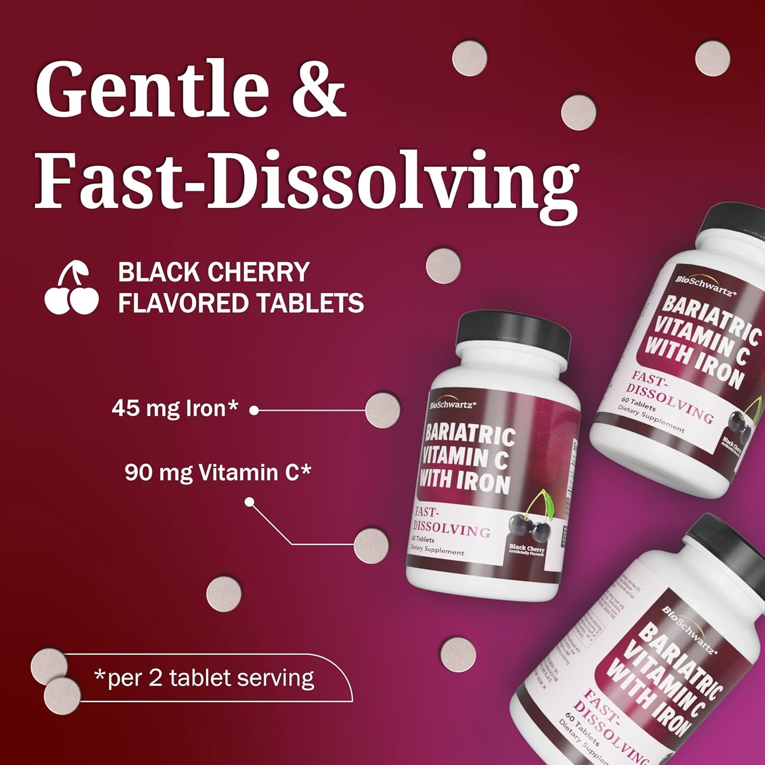 image:imageBioSchwartz Bariatric B12 Plus Dissolvable Tablets 1000mcg Vitamin B12 Vitamin B6 Folate Biotin Cherry Strawberry Flavor 3Month Supply Third Party Tested for Bariatric Patients 90 CountBariatric Vitamin C with Iron 60 Count