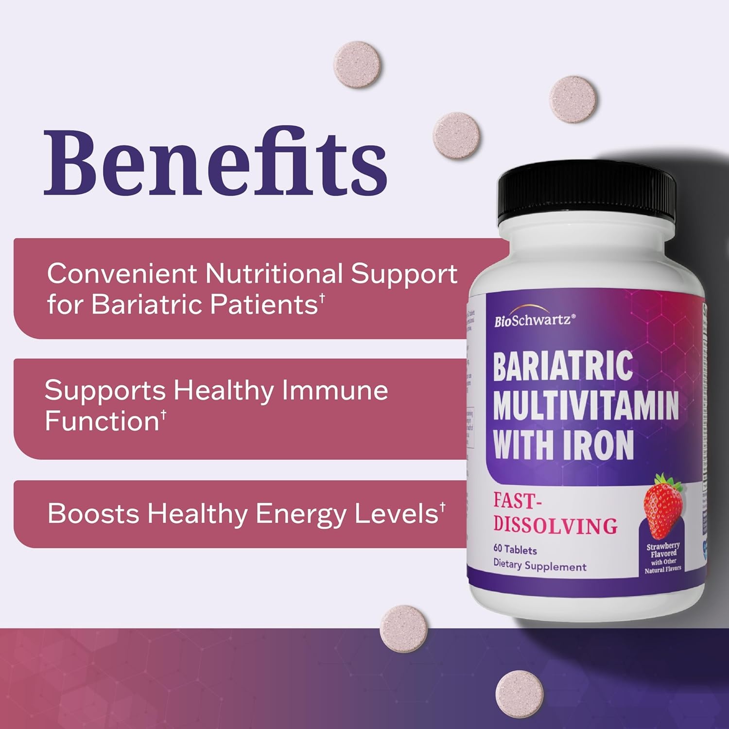 image:imageBioSchwartz Bariatric B12 Plus Dissolvable Tablets 1000mcg Vitamin B12 Vitamin B6 Folate Biotin Cherry Strawberry Flavor 3Month Supply Third Party Tested for Bariatric Patients 90 CountBariatric Multivitamin with Iron 60 Count