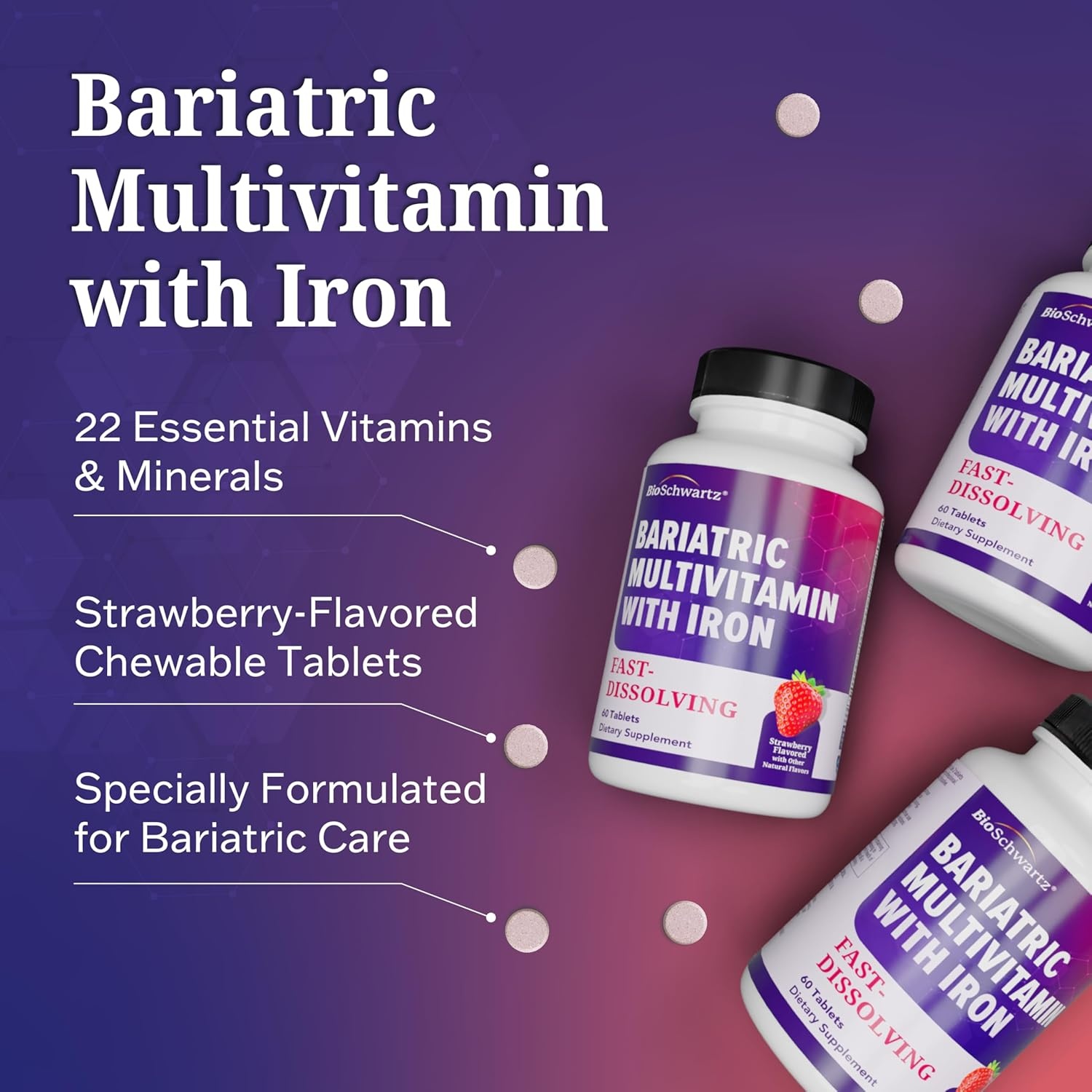 image:imageBioSchwartz Bariatric B12 Plus Dissolvable Tablets 1000mcg Vitamin B12 Vitamin B6 Folate Biotin Cherry Strawberry Flavor 3Month Supply Third Party Tested for Bariatric Patients 90 CountBariatric Multivitamin with Iron 60 Count