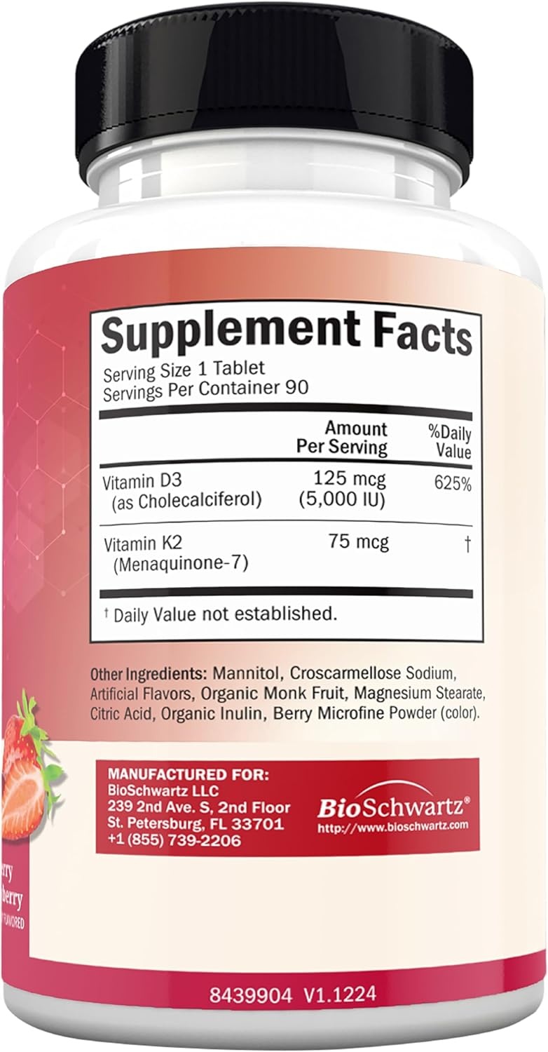 image:imageBioSchwartz Bariatric B12 Plus Dissolvable Tablets 1000mcg Vitamin B12 Vitamin B6 Folate Biotin Cherry Strawberry Flavor 3Month Supply Third Party Tested for Bariatric Patients 90 CountBariatric D3K2 90 Count