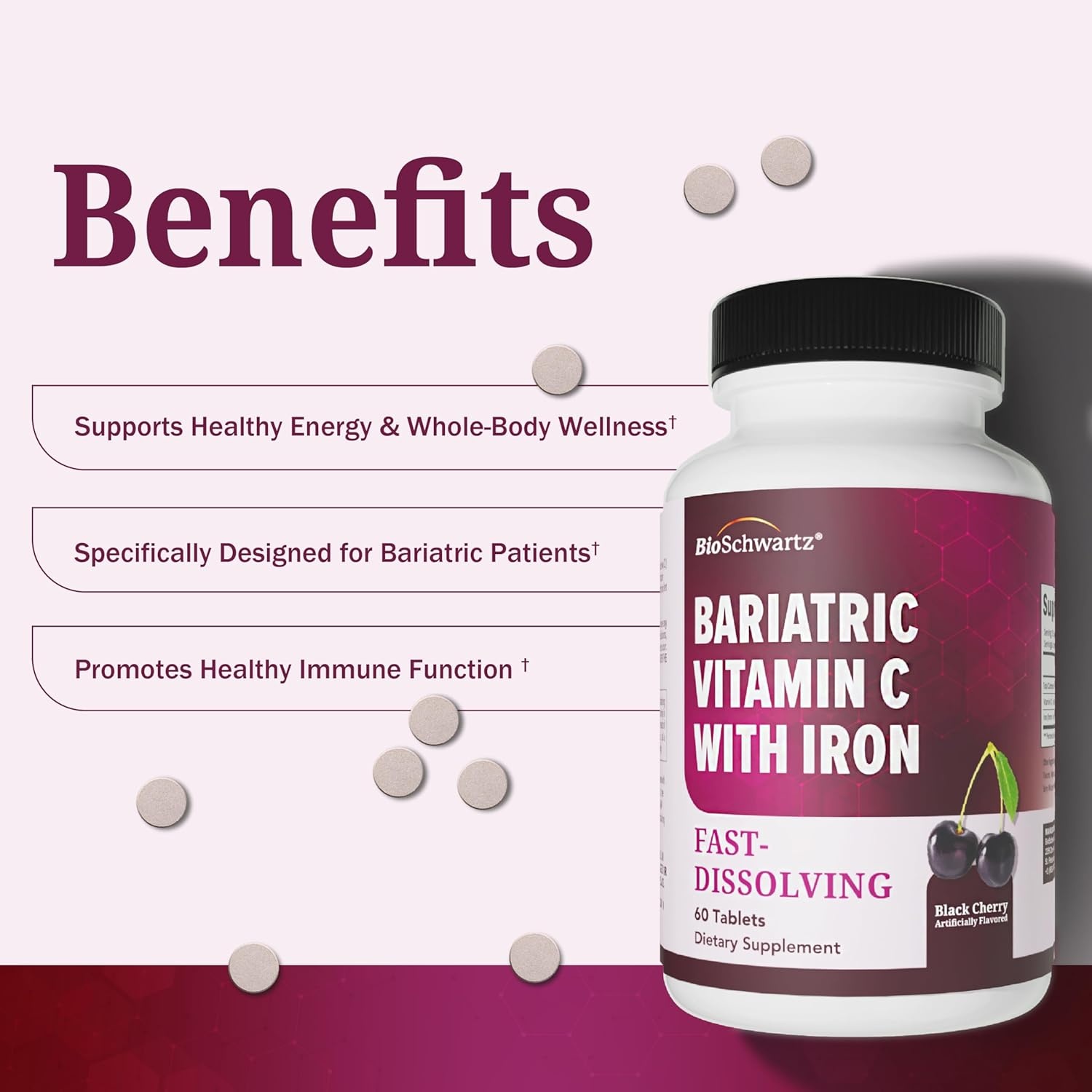 image:imageBioSchwartz Bariatric B12 Plus Dissolvable Tablets 1000mcg Vitamin B12 Vitamin B6 Folate Biotin Cherry Strawberry Flavor 3Month Supply Third Party Tested for Bariatric Patients 90 CountBariatric Vitamin C with Iron 60 Count
