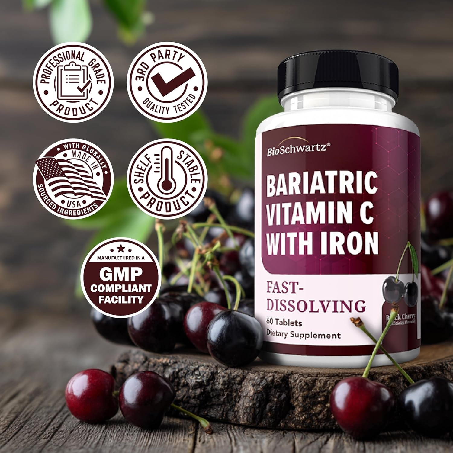 image:imageBioSchwartz Bariatric B12 Plus Dissolvable Tablets 1000mcg Vitamin B12 Vitamin B6 Folate Biotin Cherry Strawberry Flavor 3Month Supply Third Party Tested for Bariatric Patients 90 CountBariatric Vitamin C with Iron 60 Count