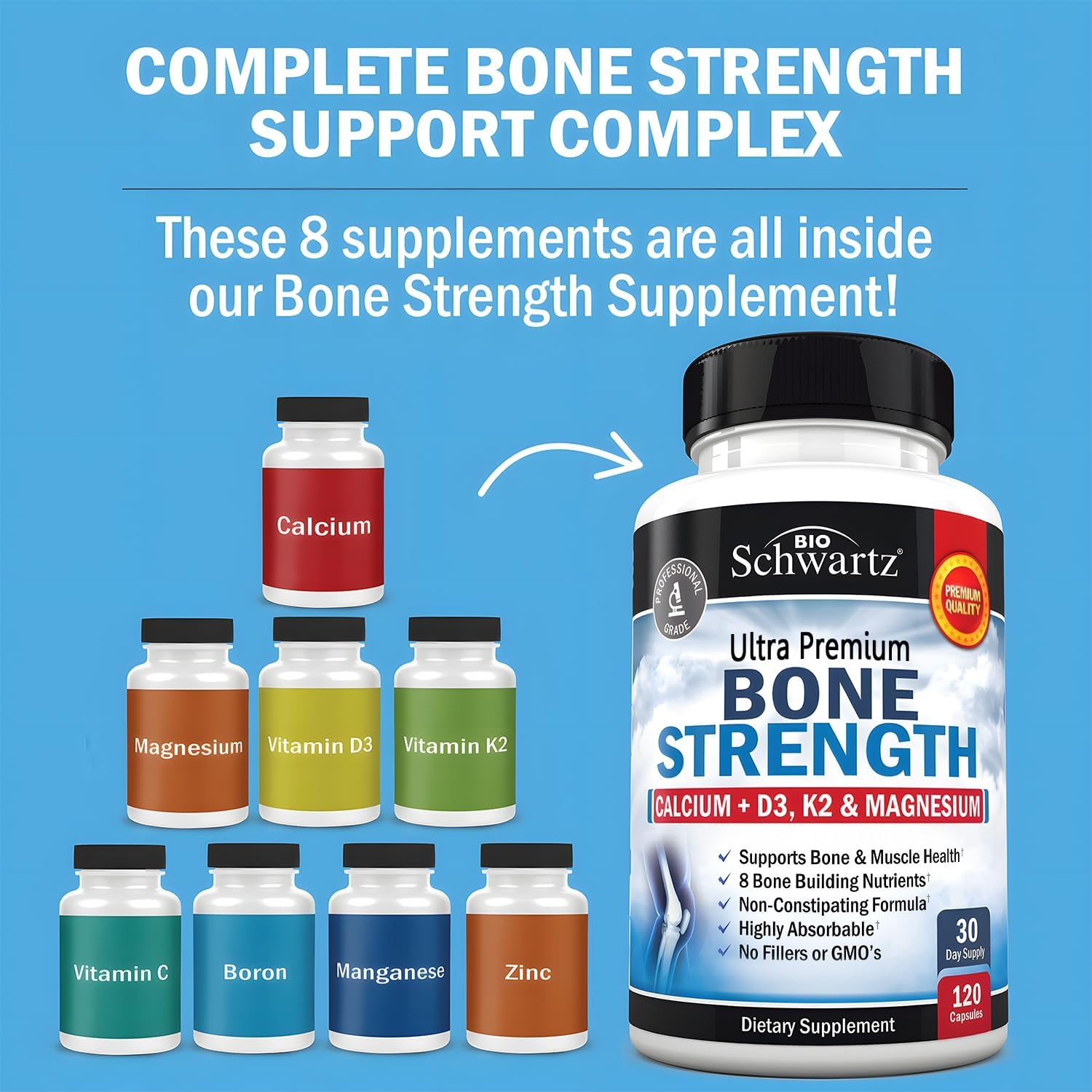 image:imageBioSchwartz Bone Strength Supplement Gentle NonConstipating Bone Health Supplement for Women amp Men with 9in1 Complex with Calcium Magnesium Zinc D3 K2 amp More 3rd Party Tested 1 Month120 Count Pack of 1
