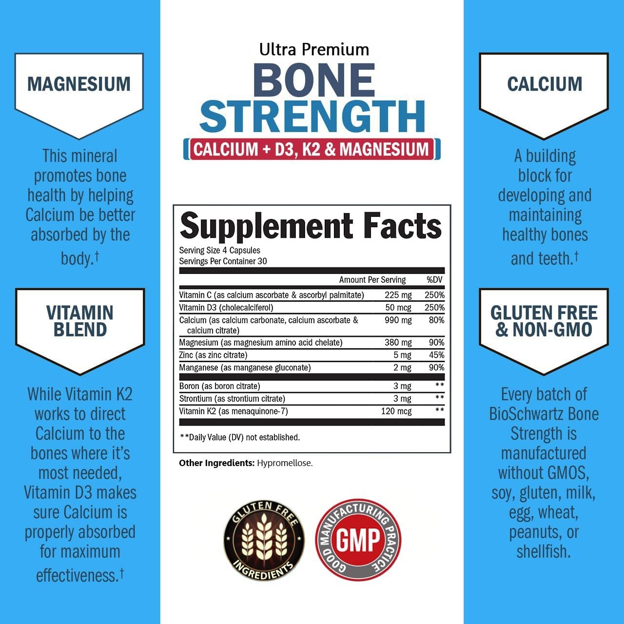 image:imageBioSchwartz Bone Strength Supplement Gentle NonConstipating Bone Health Supplement for Women amp Men with 9in1 Complex with Calcium Magnesium Zinc D3 K2 amp More 3rd Party Tested 1 Month120 Count Pack of 1