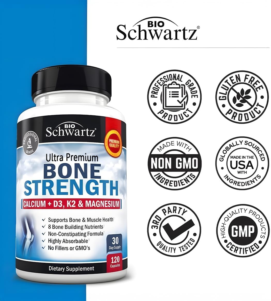 image:imageBioSchwartz Bone Strength Supplement Gentle NonConstipating Bone Health Supplement for Women amp Men with 9in1 Complex with Calcium Magnesium Zinc D3 K2 amp More 3rd Party Tested 1 Month120 Count Pack of 1