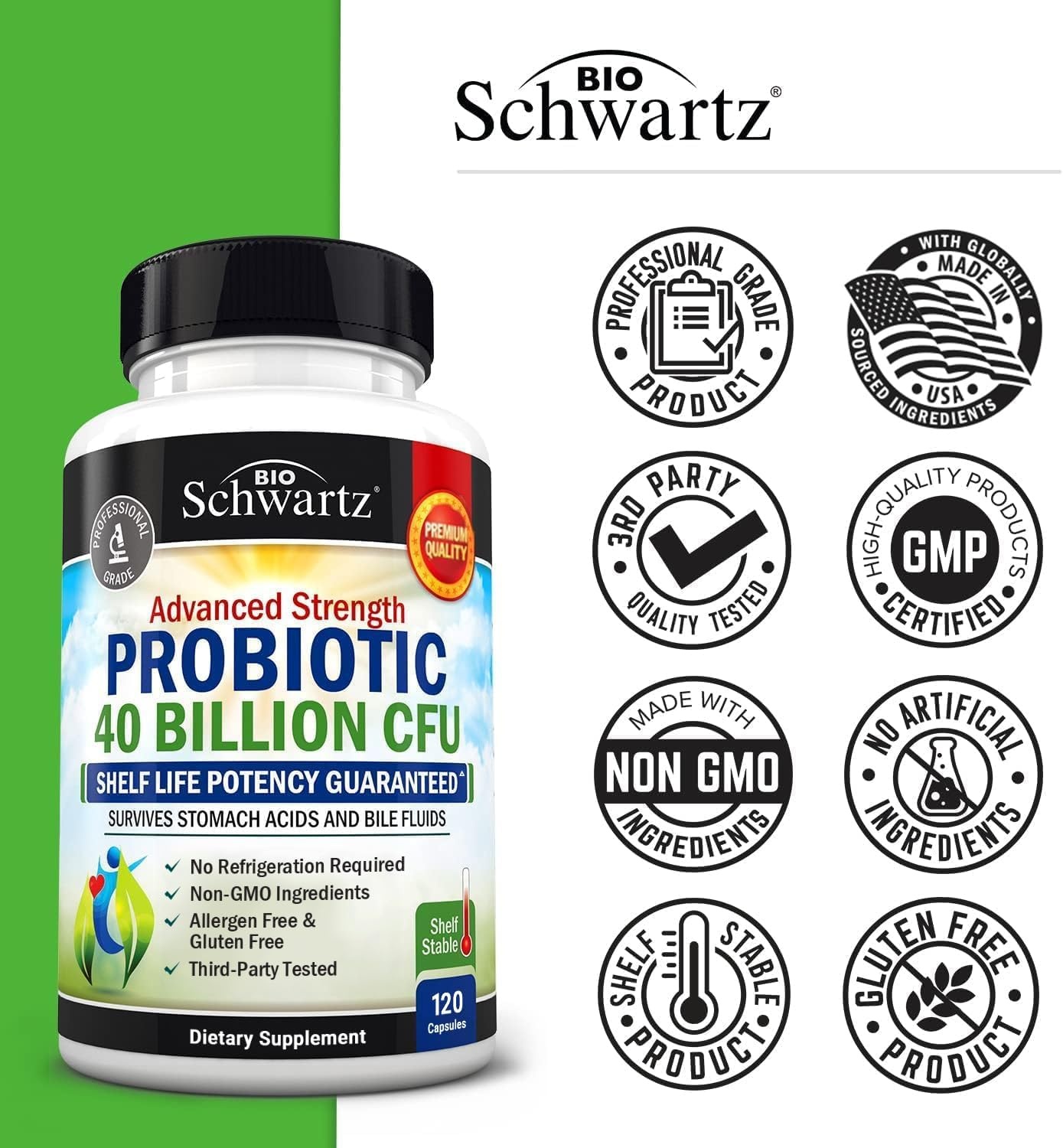 image:imageBioSchwartz Daily Probiotic Nutritional Supplement 40 Billion CFU for Gut Health Probiotics for Men and Women Digestive Health with Astragalus amp Lactobacillus Shelf Stable 60 Count120 Count Pack of 1