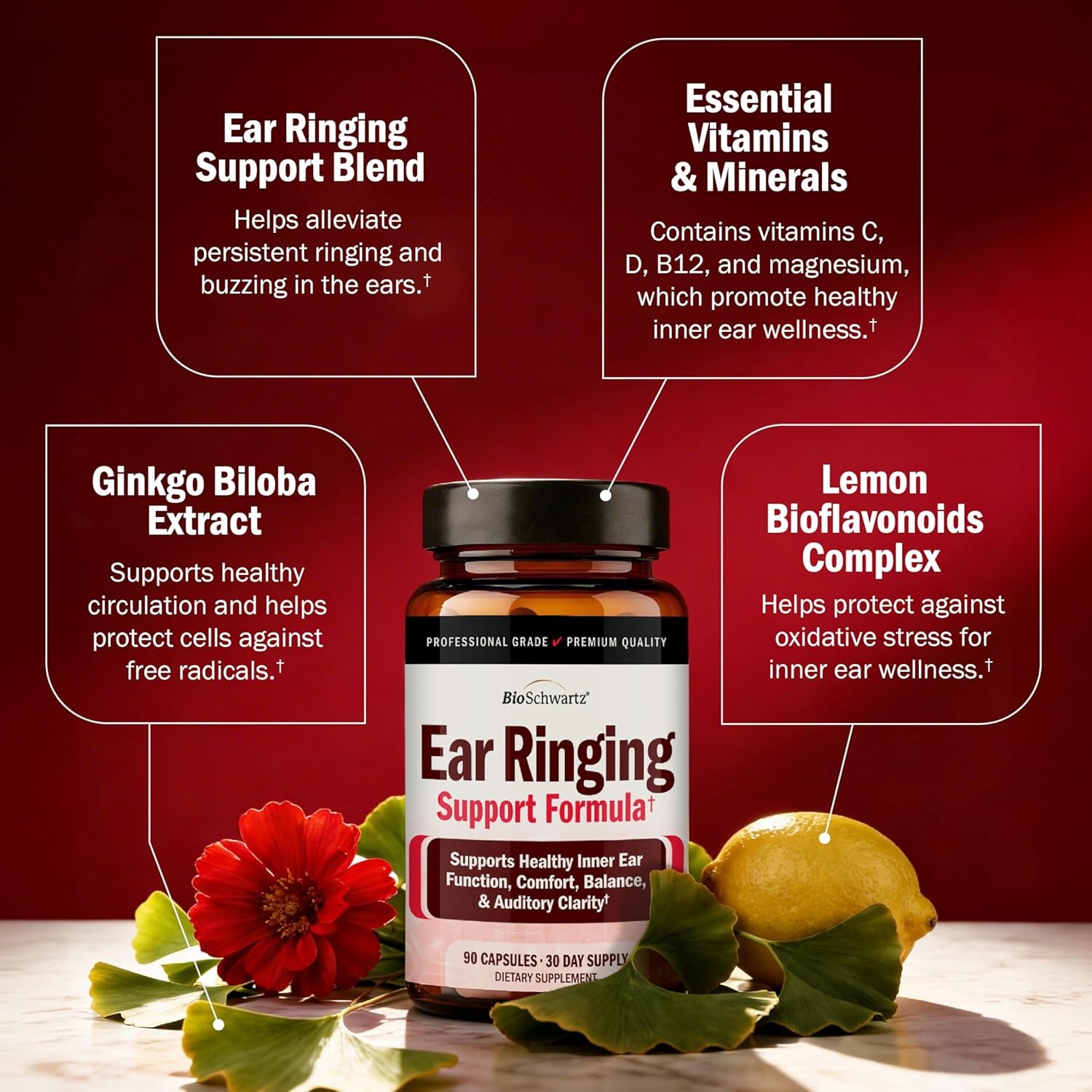 image:imageBioSchwartz Ear Ringing Support Supplement Vitamins C D B1 amp Lemon Bioflavonoid Complex for Ringing Ears Support Made in the USA with Globally Sourced Ingredients 30Day Supply 90 Capsules