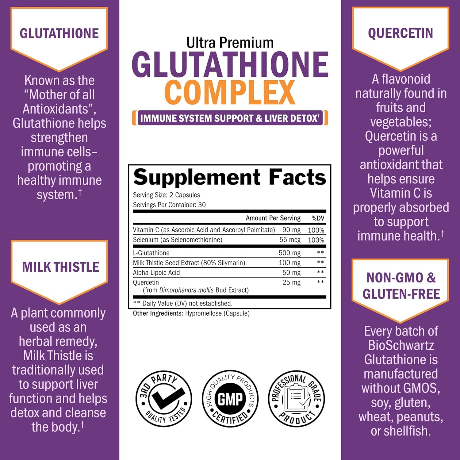 image:imageBioSchwartz Glutathione Supplement 500mg Liver Detox with Quercetin Vitamin C Milk Thistle Alpha Lipoic Acid Immune Support Pill Enhanced Immunity Defense Health Formula 60 Capsules60 Count Pack of 1