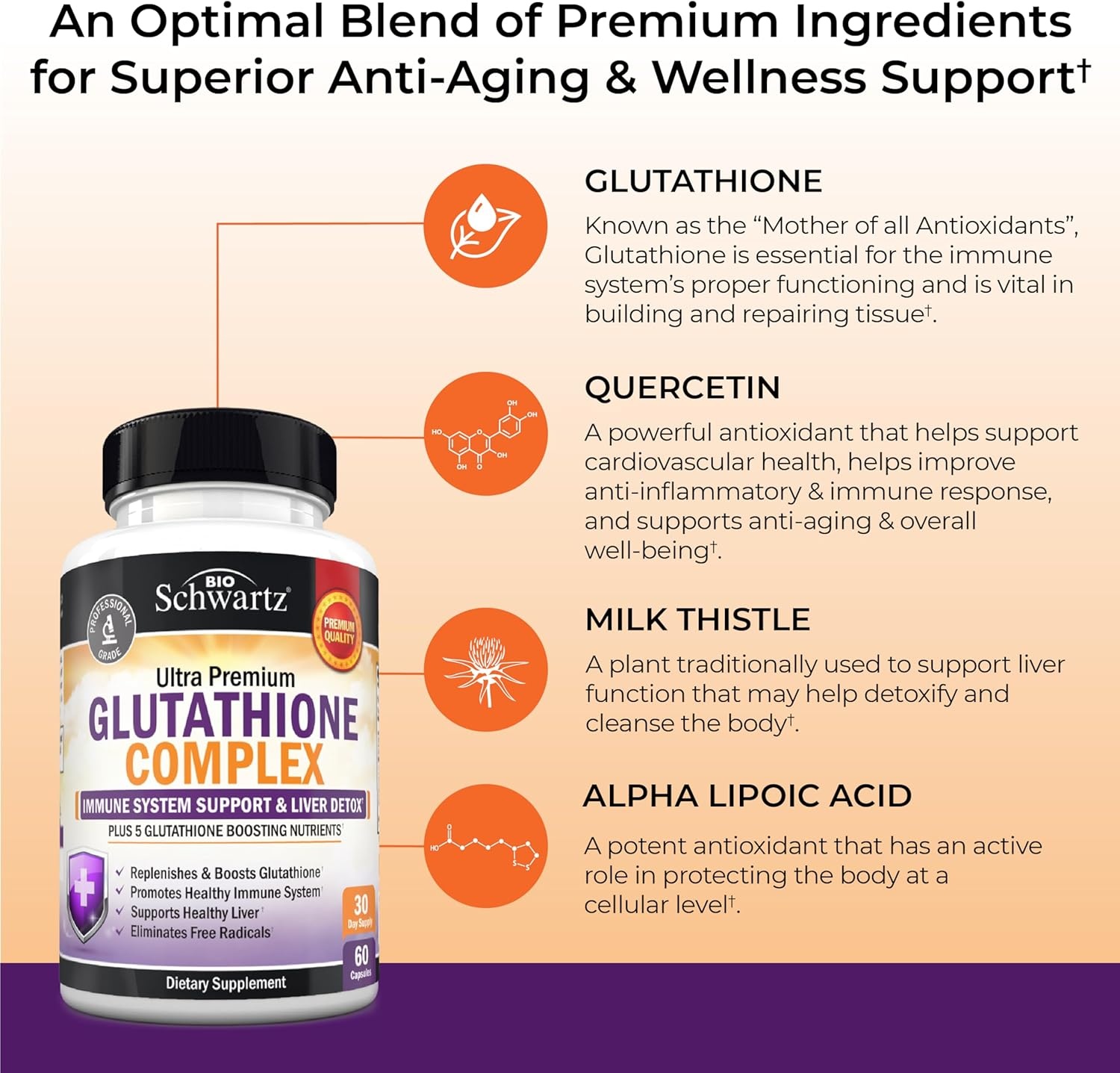 image:imageBioSchwartz Glutathione Supplement 500mg Liver Detox with Quercetin Vitamin C Milk Thistle Alpha Lipoic Acid Immune Support Pill Enhanced Immunity Defense Health Formula 60 Capsules60 Count Pack of 1