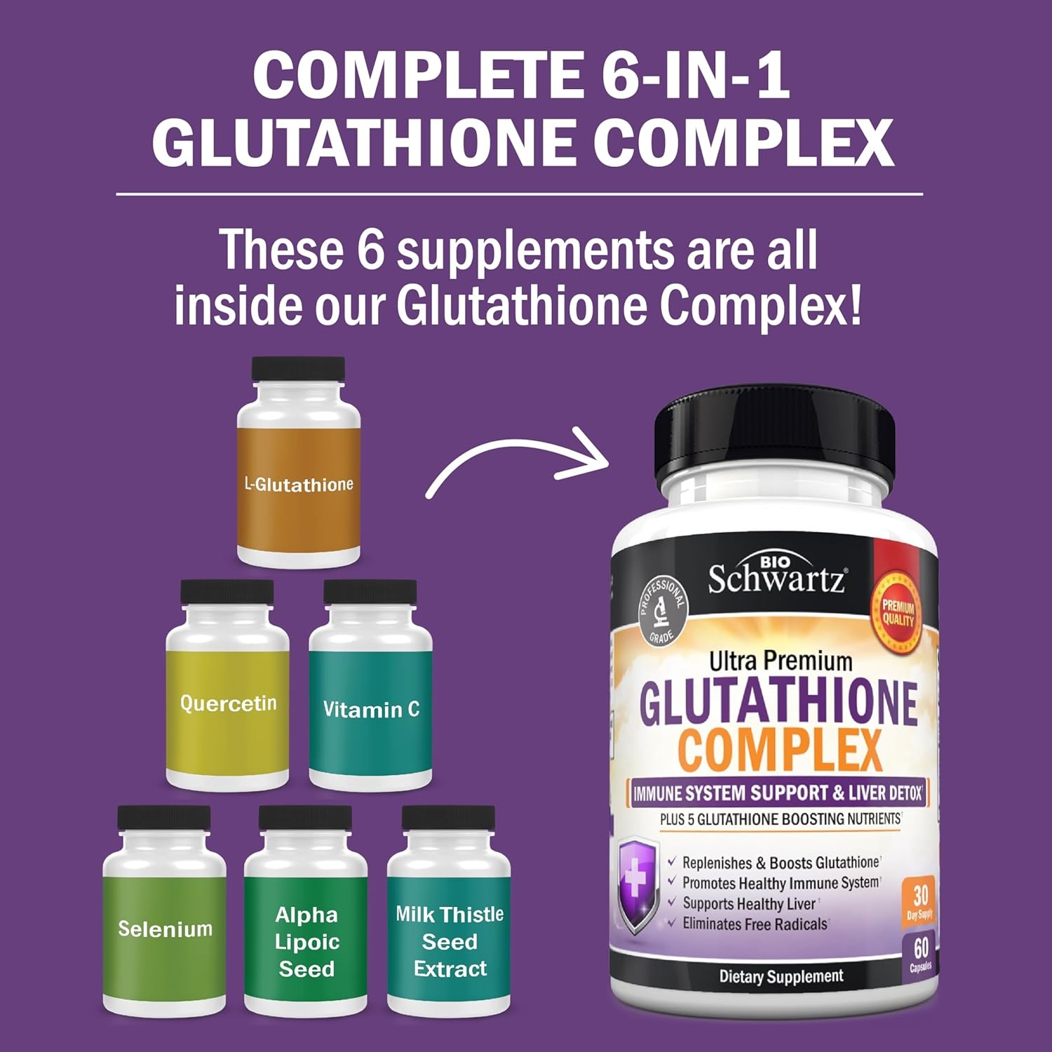 image:imageBioSchwartz Glutathione Supplement 500mg Liver Detox with Quercetin Vitamin C Milk Thistle Alpha Lipoic Acid Immune Support Pill Enhanced Immunity Defense Health Formula 60 Capsules60 Count Pack of 1