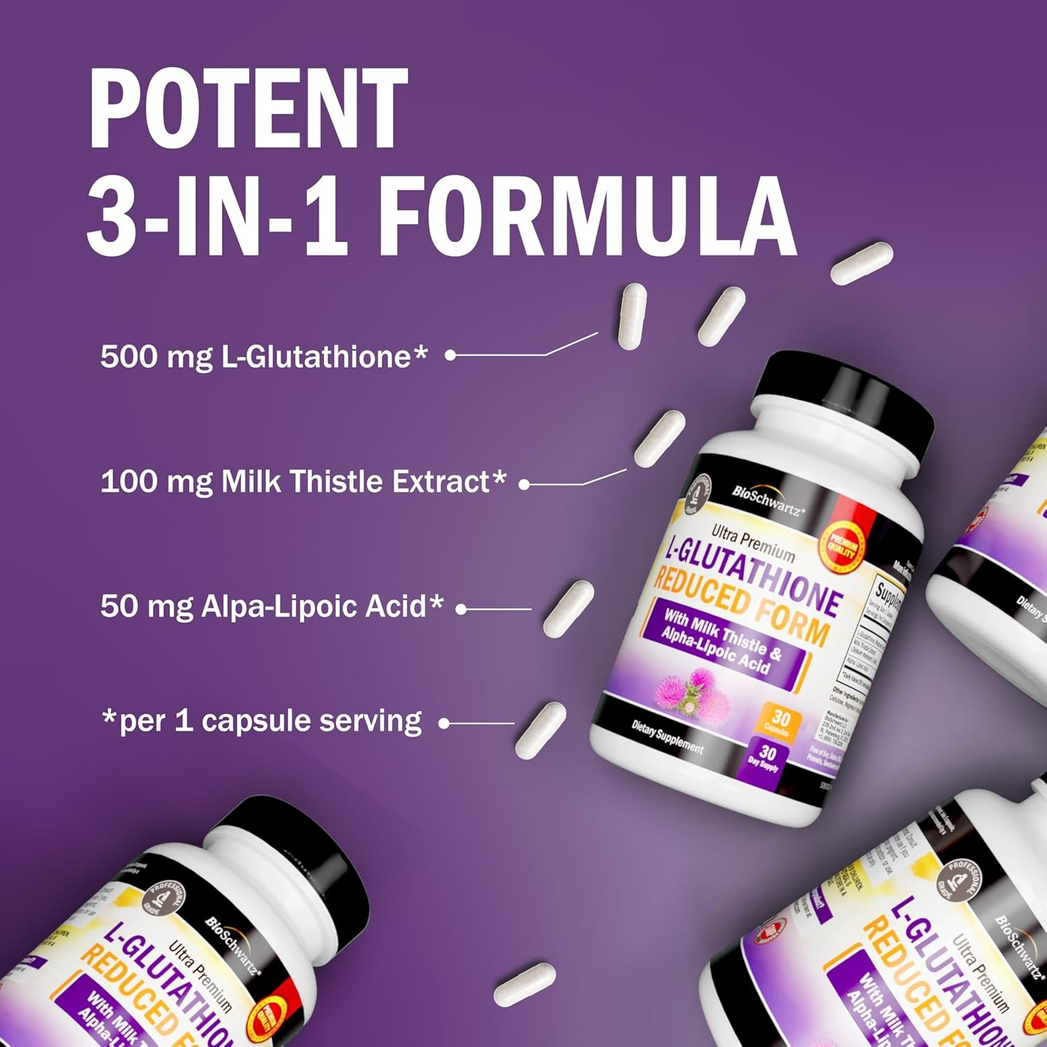 image:imageBioSchwartz Glutathione Supplement 500mg Liver Detox with Quercetin Vitamin C Milk Thistle Alpha Lipoic Acid Immune Support Pill Enhanced Immunity Defense Health Formula 60 Capsules30 Count Pack of 1