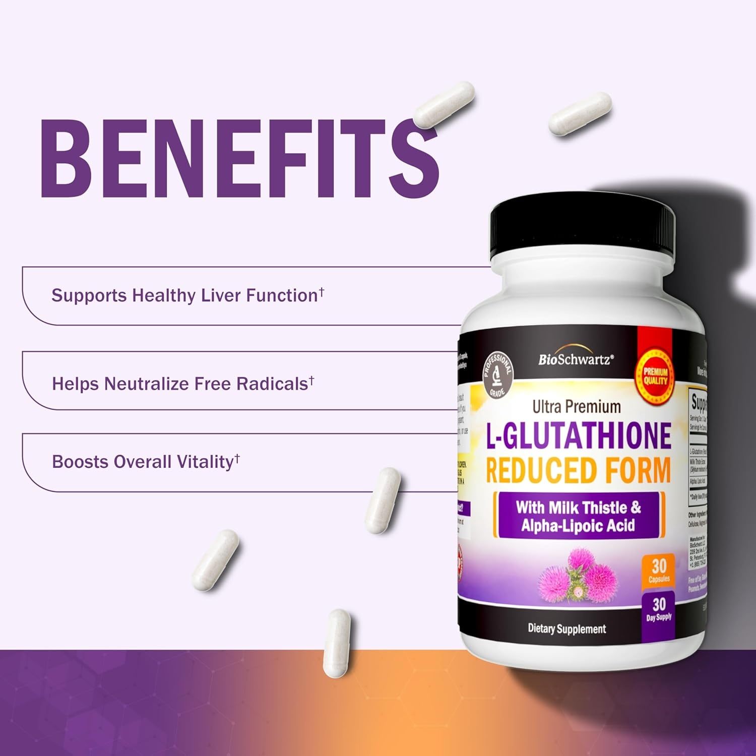 image:imageBioSchwartz Glutathione Supplement 500mg Liver Detox with Quercetin Vitamin C Milk Thistle Alpha Lipoic Acid Immune Support Pill Enhanced Immunity Defense Health Formula 60 Capsules30 Count Pack of 1