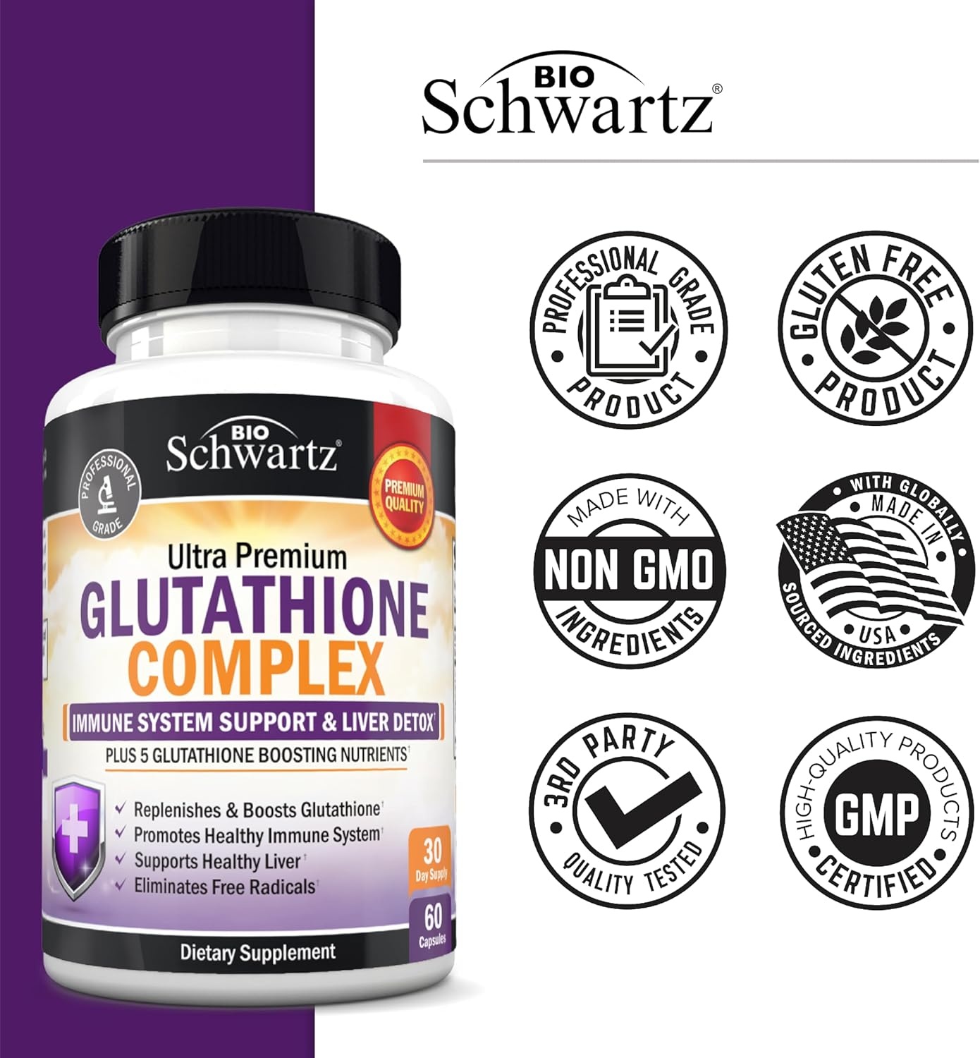 image:imageBioSchwartz Glutathione Supplement 500mg Liver Detox with Quercetin Vitamin C Milk Thistle Alpha Lipoic Acid Immune Support Pill Enhanced Immunity Defense Health Formula 60 Capsules60 Count Pack of 1