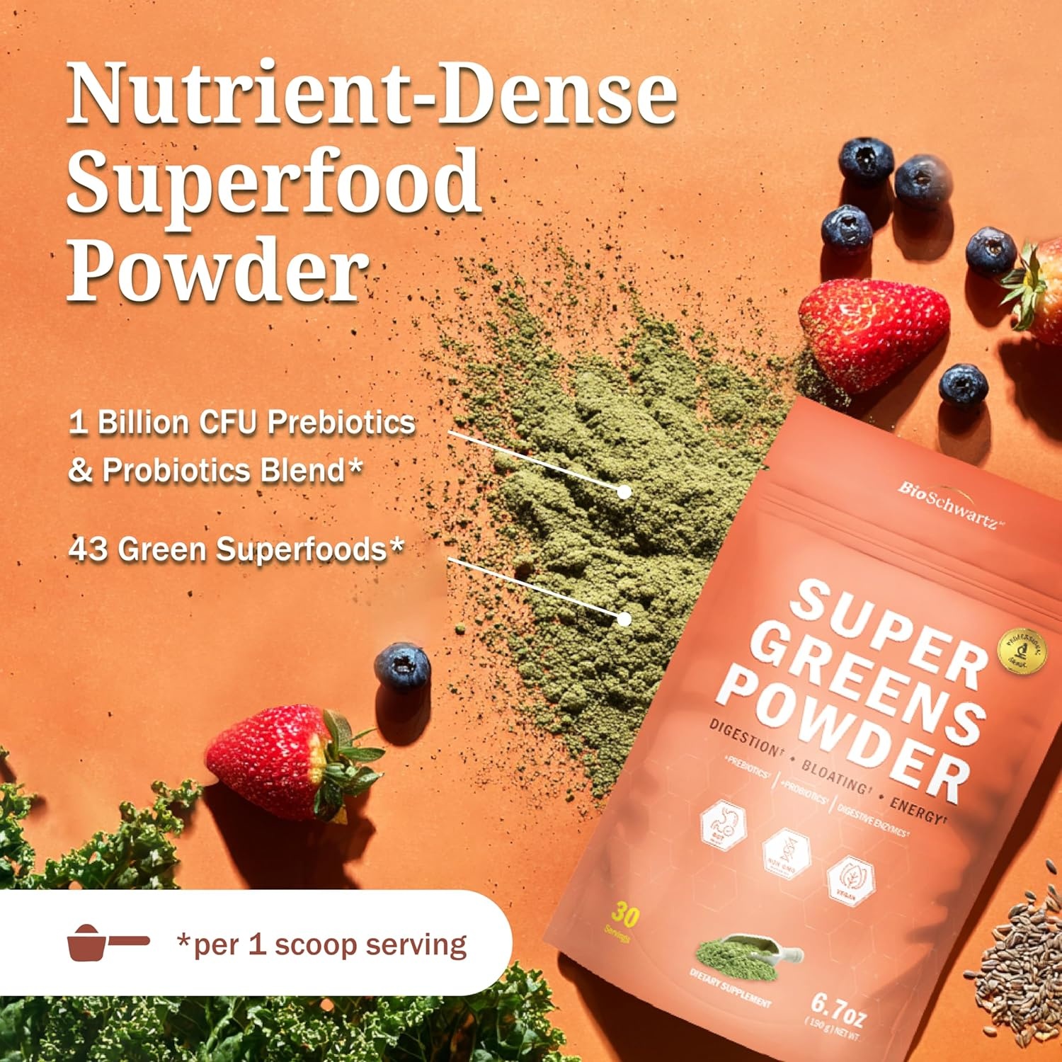 image:imageBioSchwartz Greens Powder Super Greens with Probiotics Prebiotics Digestive Enzymes amp 43 Green Superfoods Chlorophyll Bilberry Chlorella Spirulina Tastes Amazing 30 Servings67 Ounce Pack of 1