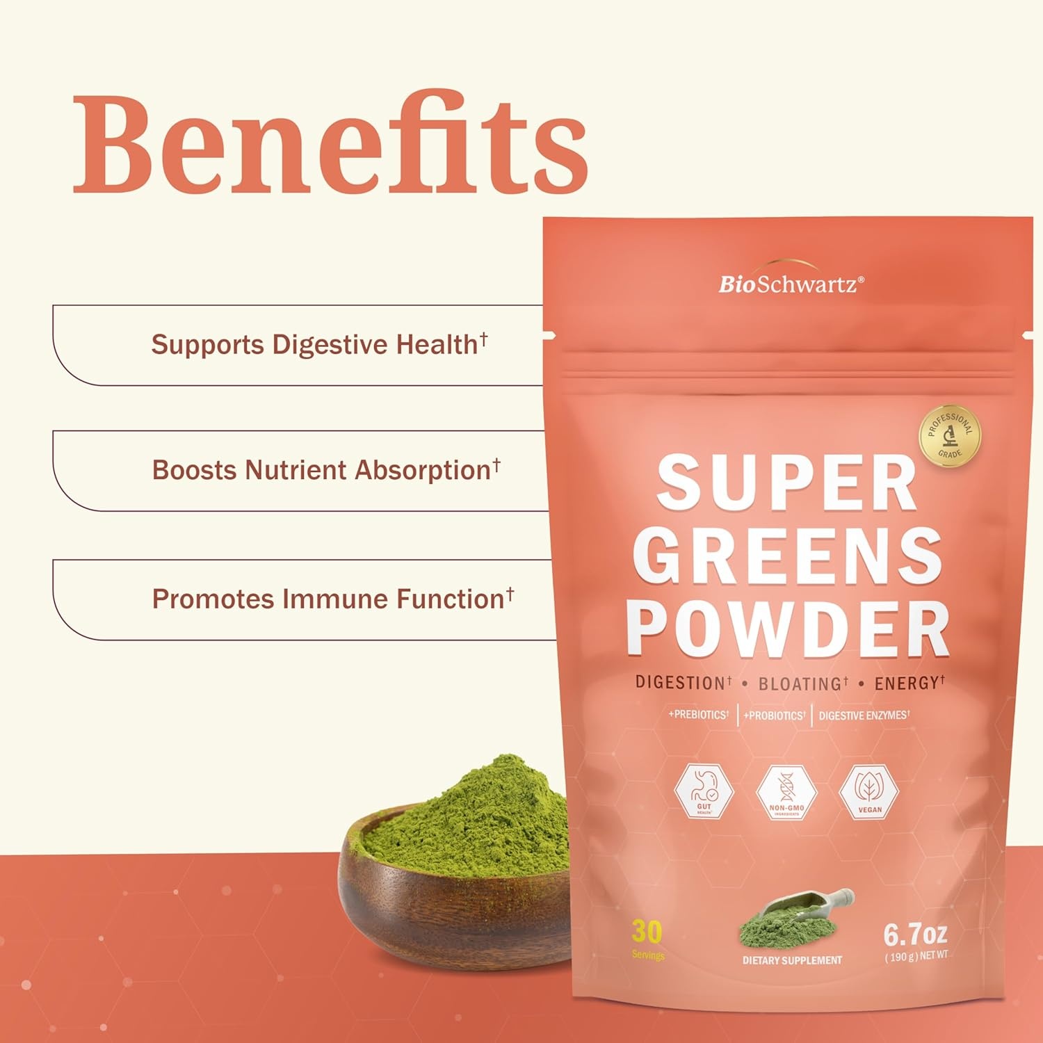 image:imageBioSchwartz Greens Powder Super Greens with Probiotics Prebiotics Digestive Enzymes amp 43 Green Superfoods Chlorophyll Bilberry Chlorella Spirulina Tastes Amazing 30 Servings67 Ounce Pack of 1