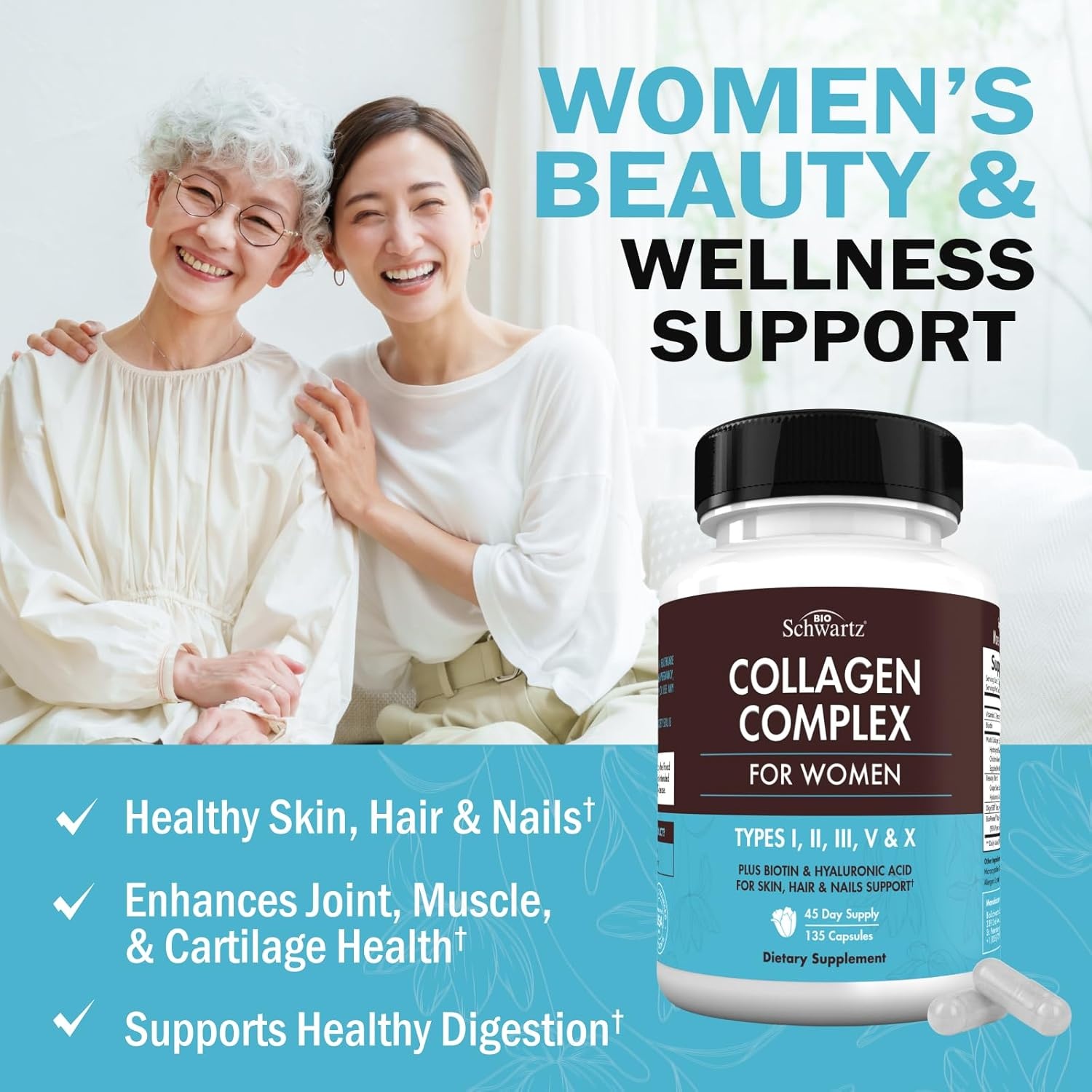 image:imageBioSchwartz Hydrolyzed Collagen Peptide Capsules Multi Collagen Supplements for Women Types I II III V X with Vitamin C Biotin Keratin and Hyaluronic Acid for Skin Hair amp Nails 135ct135 Count Pack of 1
