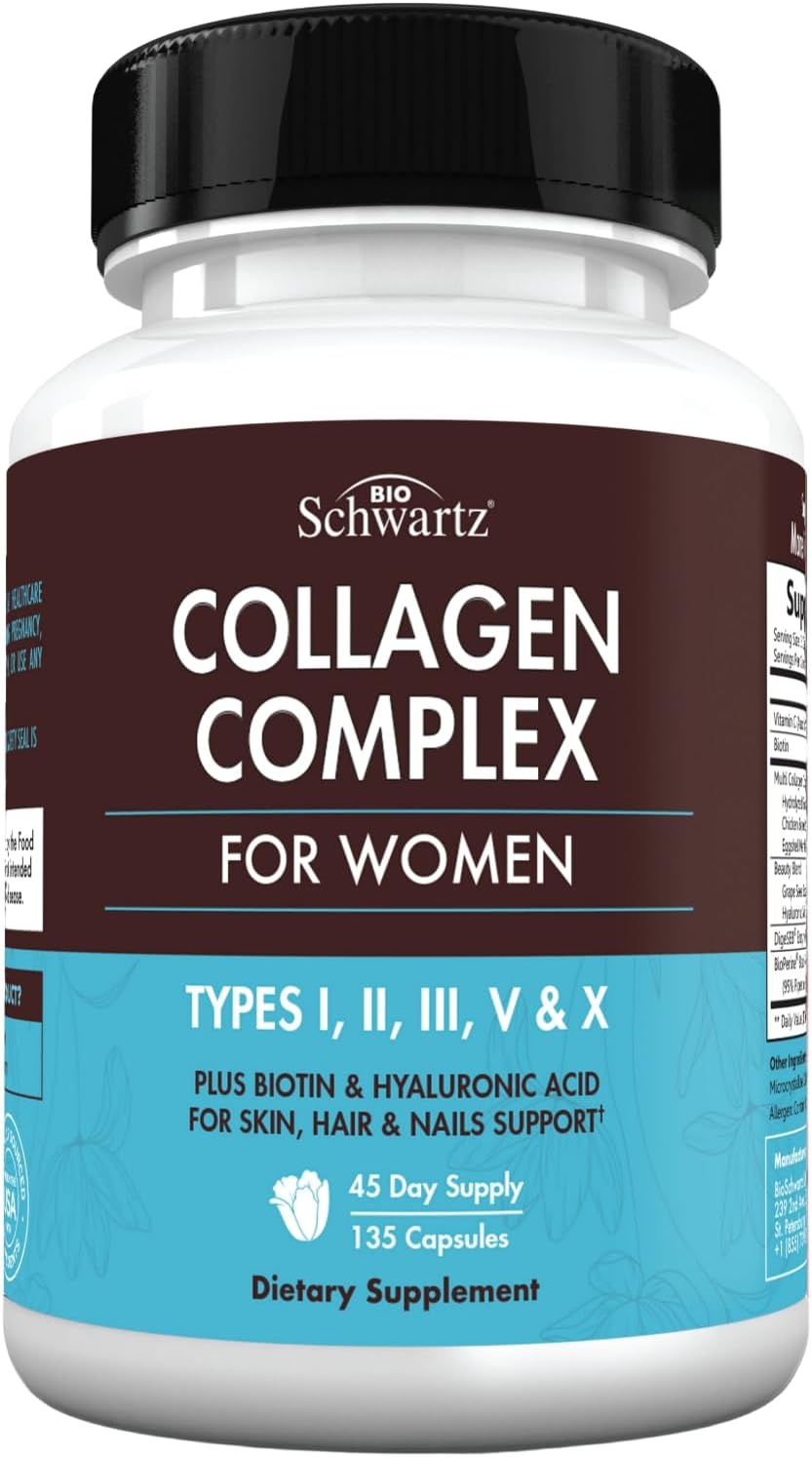 image:imageBioSchwartz Hydrolyzed Collagen Peptide Capsules Multi Collagen Supplements for Women Types I II III V X with Vitamin C Biotin Keratin and Hyaluronic Acid for Skin Hair amp Nails 135ct135 Count Pack of 1