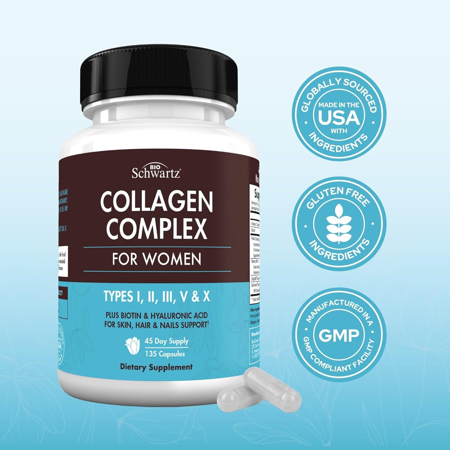image:imageBioSchwartz Hydrolyzed Collagen Peptide Capsules Multi Collagen Supplements for Women Types I II III V X with Vitamin C Biotin Keratin and Hyaluronic Acid for Skin Hair amp Nails 135ct135 Count Pack of 1