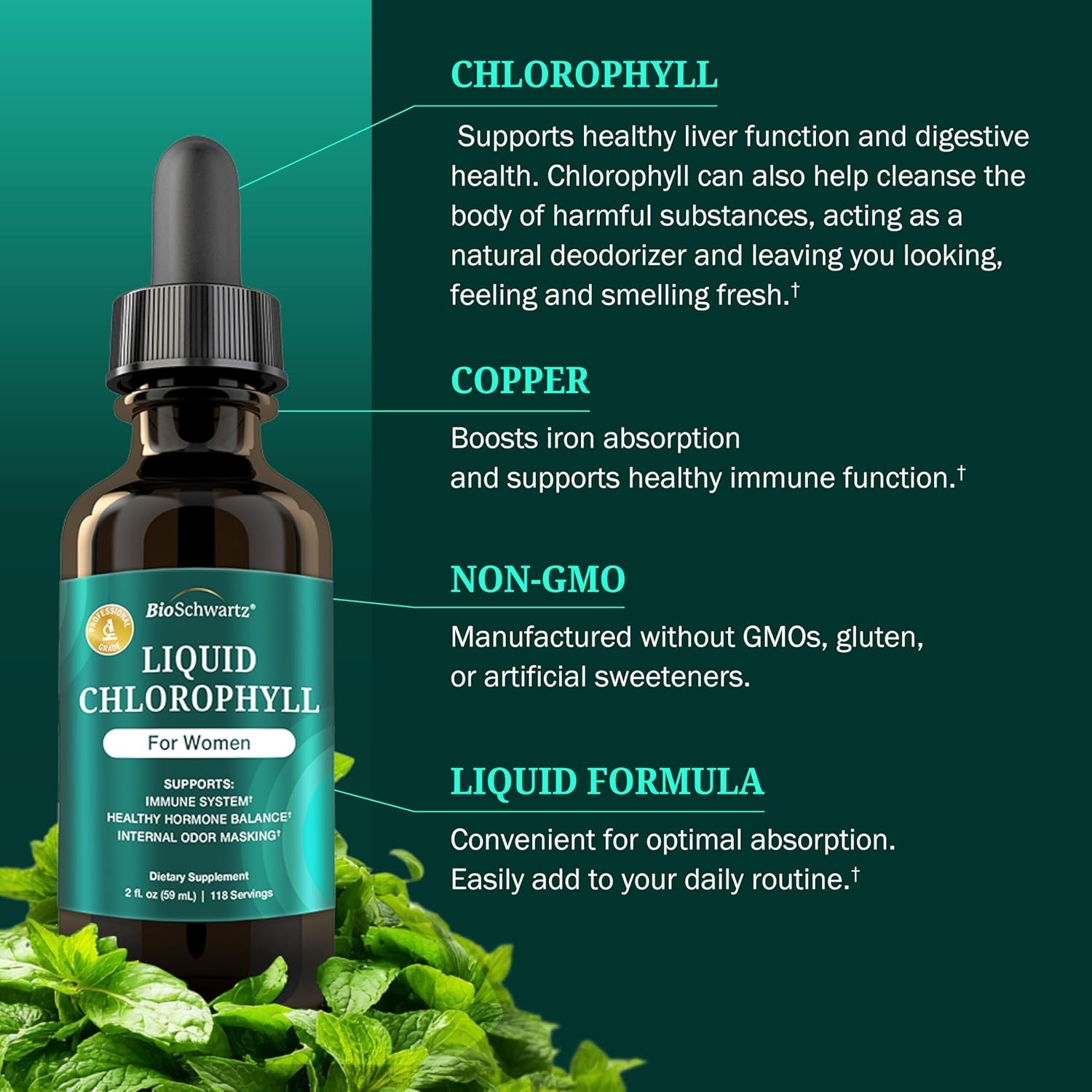 image:imageBioSchwartz Liquid Chlorophyll for Women with Copper for Immune Support Skin Health and Internal Deodorizer Liquid Chlorophyll Supplement Drops for Women Third Party Tested 118 Servings