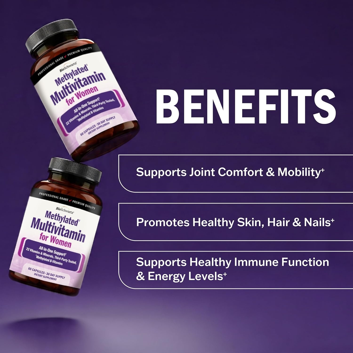 image:imageBioSchwartz Methylated Multivitamin for Women 22 Essential Vitamins amp Minerals with B Complex Folic Acid Biotin amp More Womens Multivitamin for Energy Immunity Skin Hair amp Nails 60 Capsules