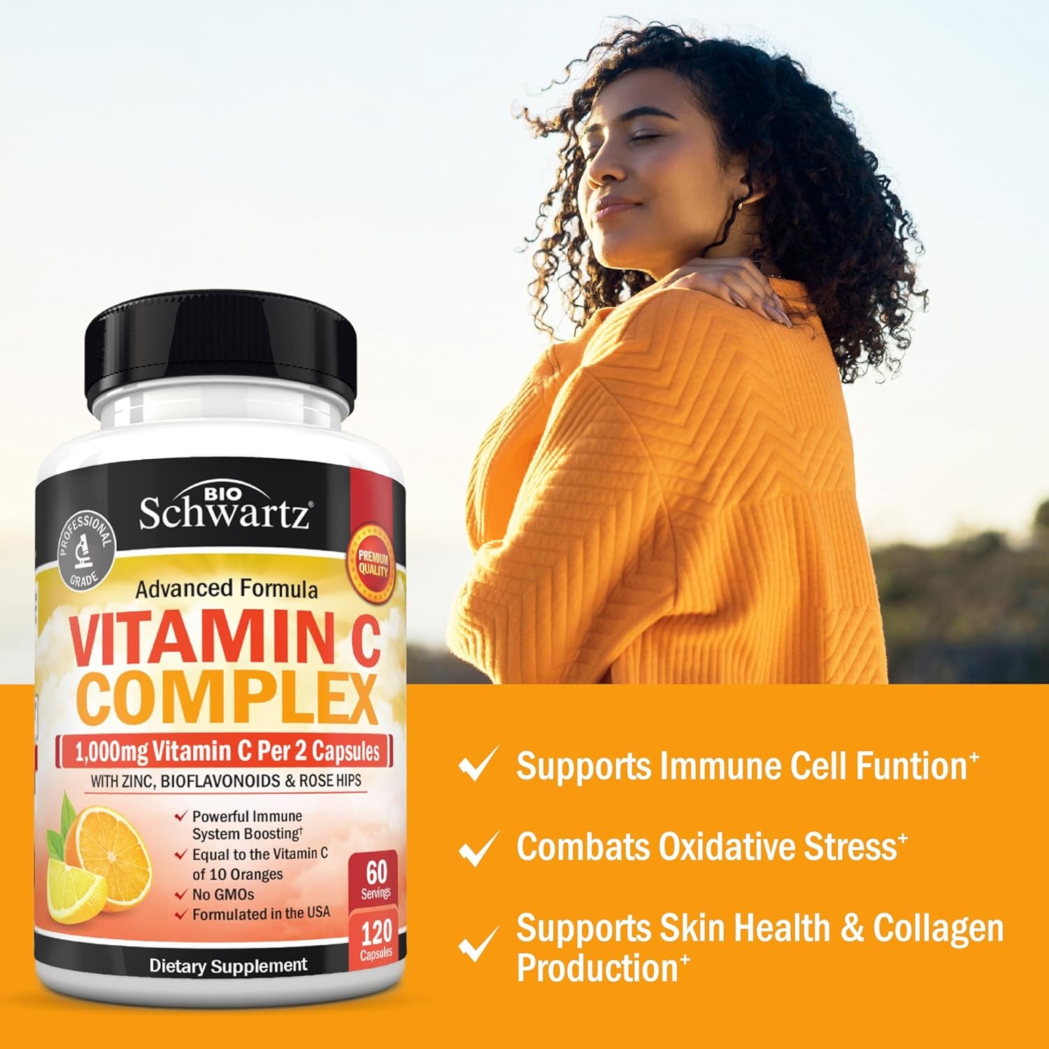 image:imageBioSchwartz Vitamin C Complex Supplement Vitamin C 1000mg Capsules with Rose HIPS Zinc and Citrus Bioflavonoids for Immune Health Cellular Energy Collagen Production 120 Count 60 Day Supply