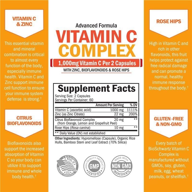 image:imageBioSchwartz Vitamin C Complex Supplement Vitamin C 1000mg Capsules with Rose HIPS Zinc and Citrus Bioflavonoids for Immune Health Cellular Energy Collagen Production 120 Count 60 Day Supply