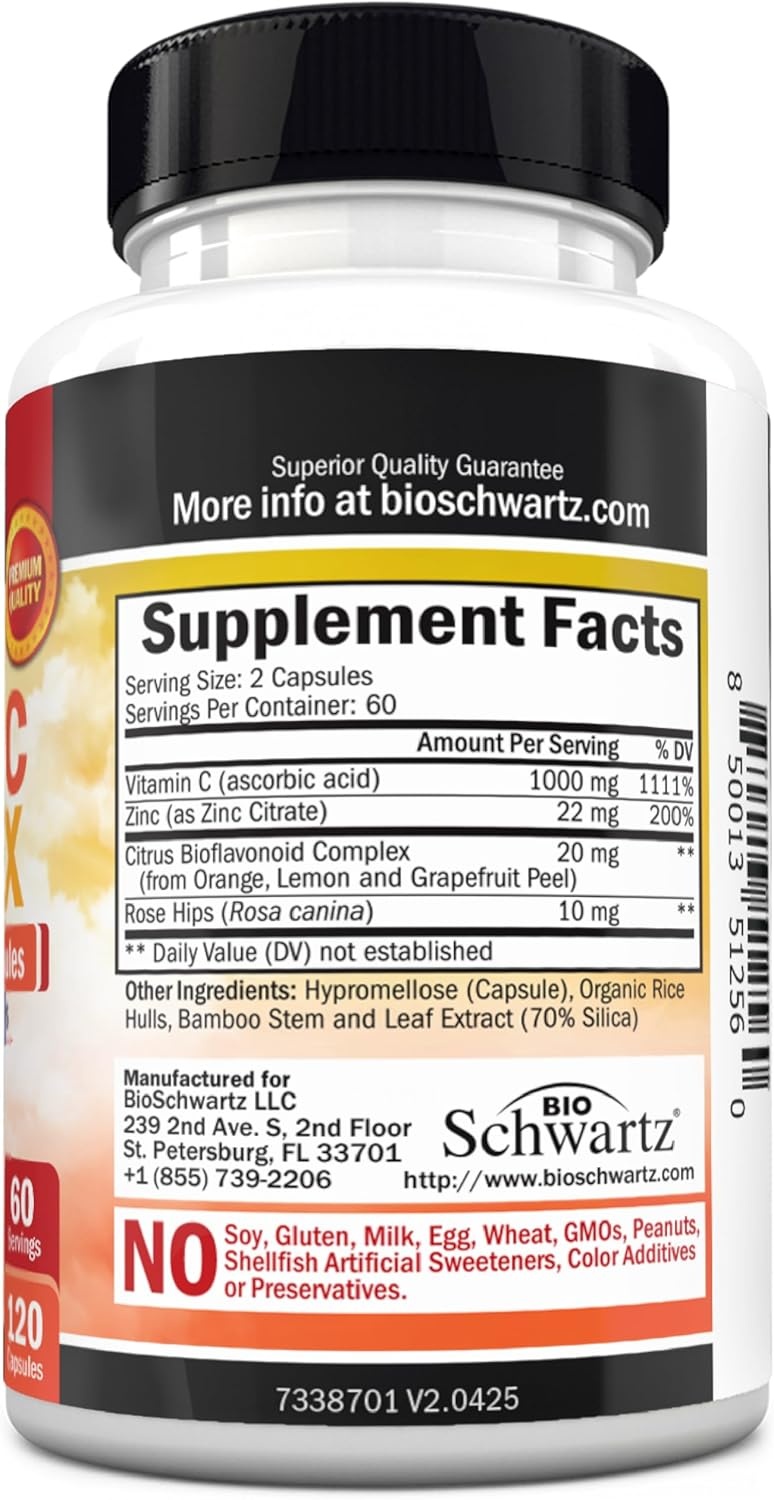 image:imageBioSchwartz Vitamin C Complex Supplement Vitamin C 1000mg Capsules with Rose HIPS Zinc and Citrus Bioflavonoids for Immune Health Cellular Energy Collagen Production 120 Count 60 Day Supply
