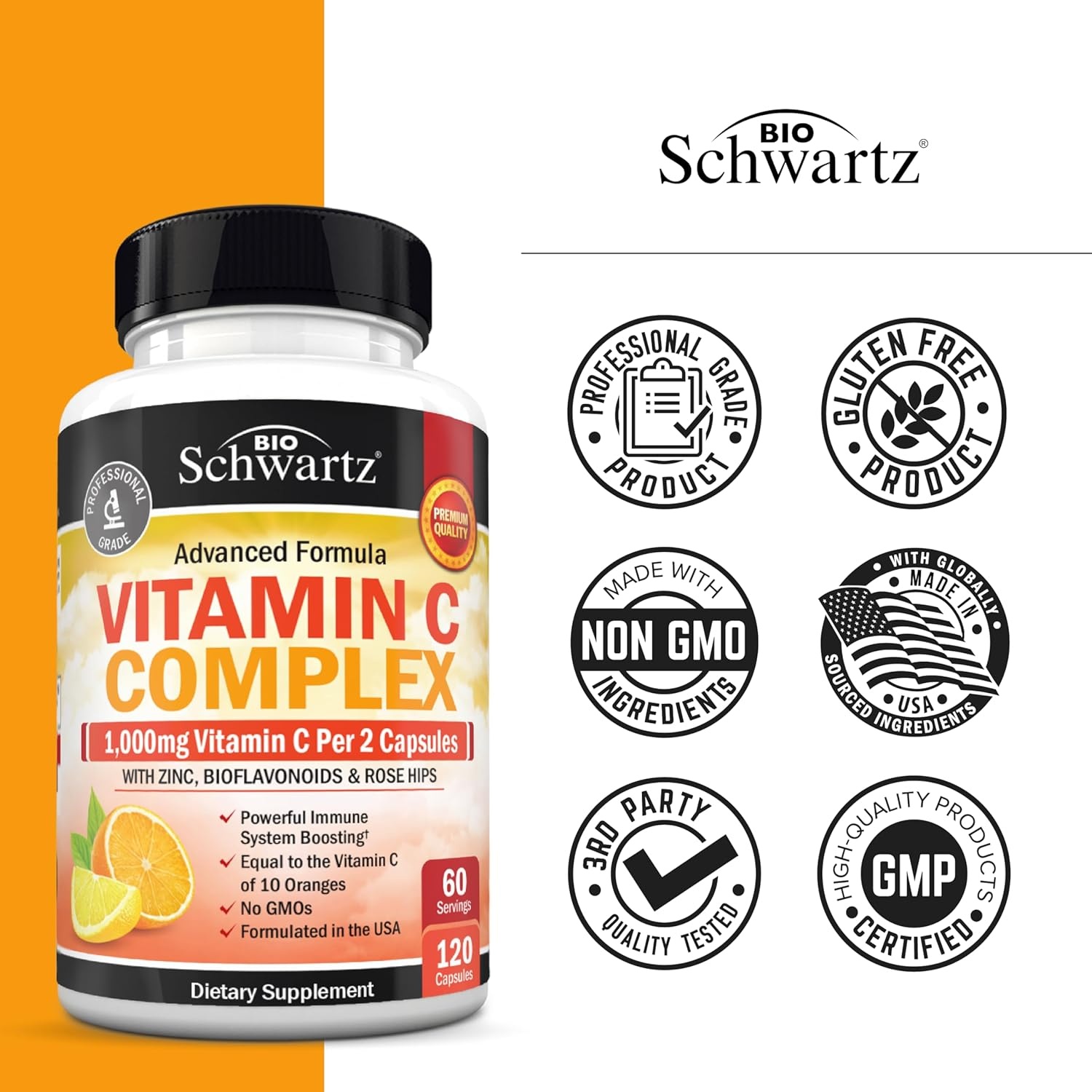 image:imageBioSchwartz Vitamin C Complex Supplement Vitamin C 1000mg Capsules with Rose HIPS Zinc and Citrus Bioflavonoids for Immune Health Cellular Energy Collagen Production 120 Count 60 Day Supply