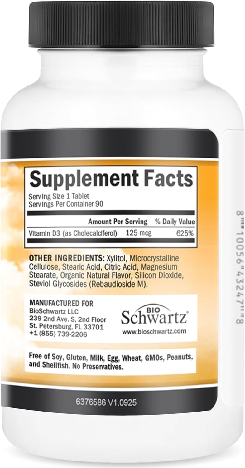 image:imageBioSchwartz Vitamin D3 5000 IU 125 mcg Chewable Tablets Immune Support Bone Strength Healthy Muscle Function GlutenFree and NonGMO Chewable Vitamin D for Adults 90Day Supply 90 Count90 Count Pack of 1