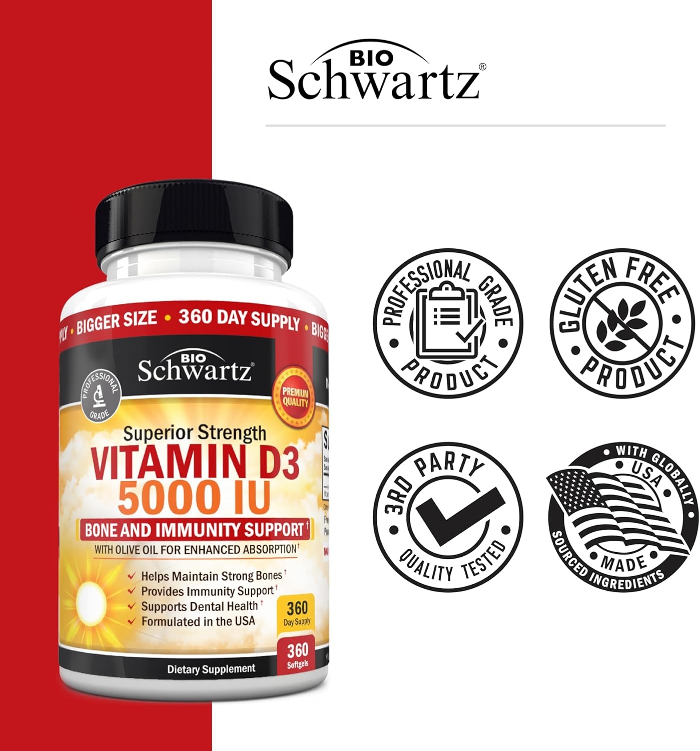 image:imageBioSchwartz Vitamin D3 5000 IU 125 mcg Chewable Tablets Immune Support Bone Strength Healthy Muscle Function GlutenFree and NonGMO Chewable Vitamin D for Adults 90Day Supply 90 Count360 Count Pack of 1