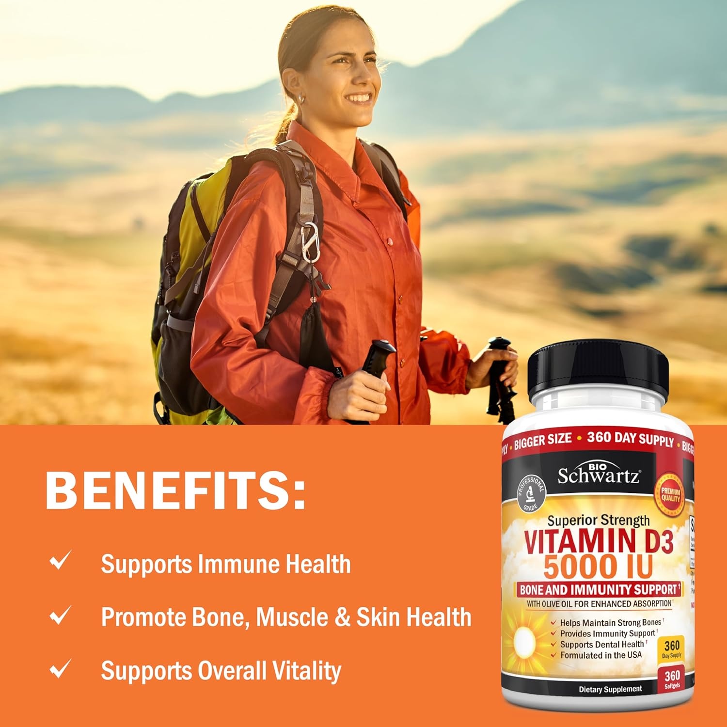 image:imageBioSchwartz Vitamin D3 5000 IU 125 mcg Chewable Tablets Immune Support Bone Strength Healthy Muscle Function GlutenFree and NonGMO Chewable Vitamin D for Adults 90Day Supply 90 Count360 Count Pack of 1