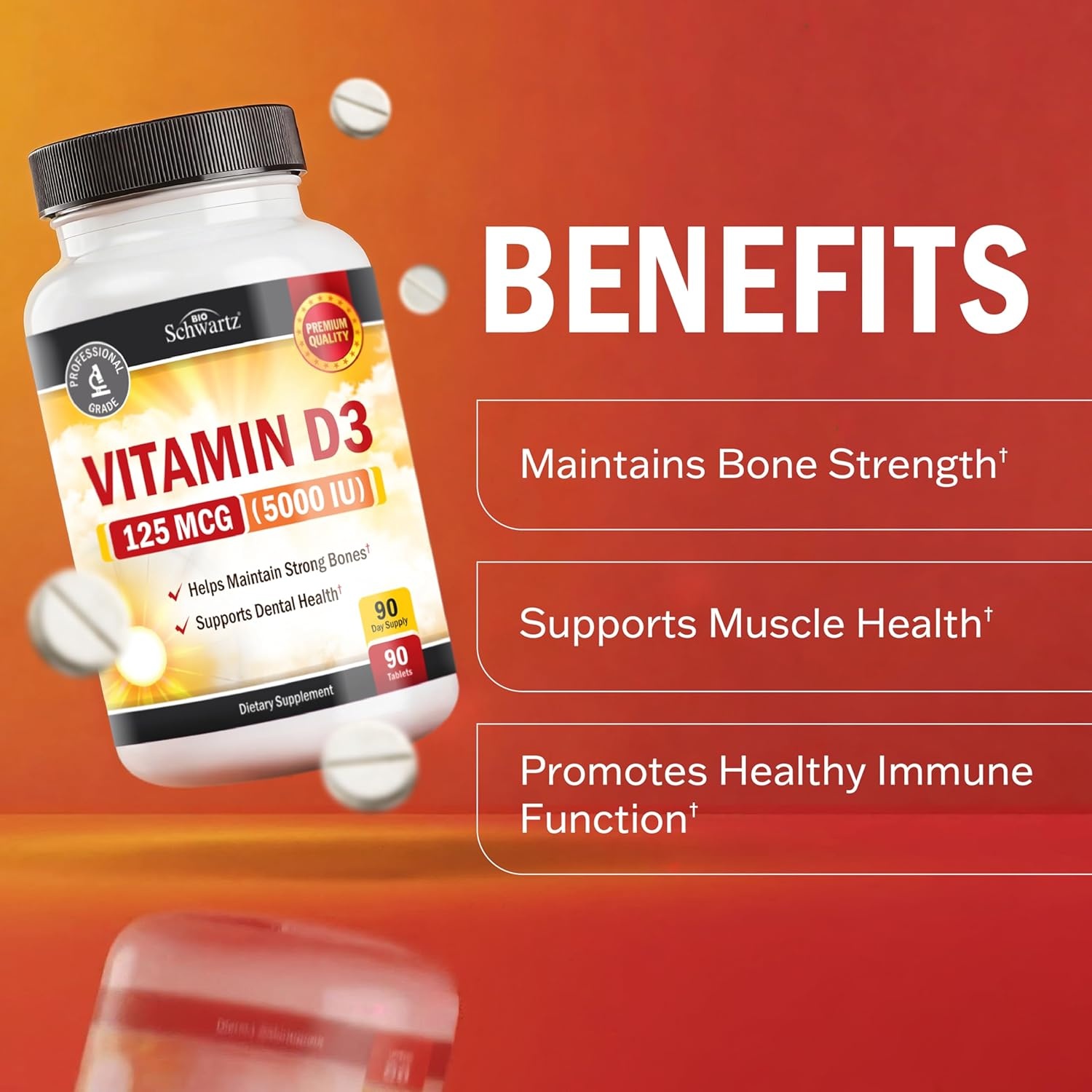 image:imageBioSchwartz Vitamin D3 5000 IU 125 mcg Chewable Tablets Immune Support Bone Strength Healthy Muscle Function GlutenFree and NonGMO Chewable Vitamin D for Adults 90Day Supply 90 Count90 Count Pack of 1
