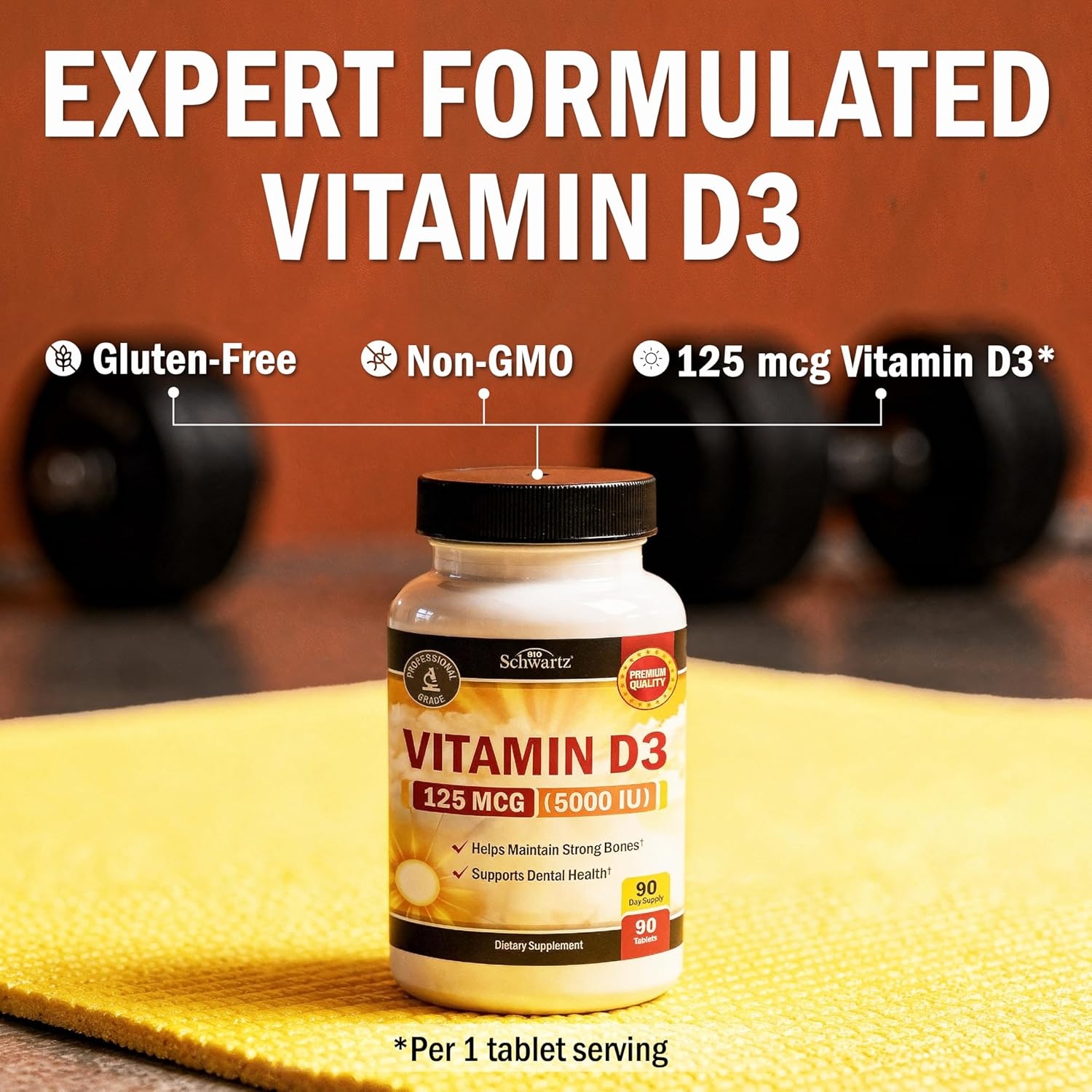 image:imageBioSchwartz Vitamin D3 5000 IU 125 mcg Chewable Tablets Immune Support Bone Strength Healthy Muscle Function GlutenFree and NonGMO Chewable Vitamin D for Adults 90Day Supply 90 Count90 Count Pack of 1