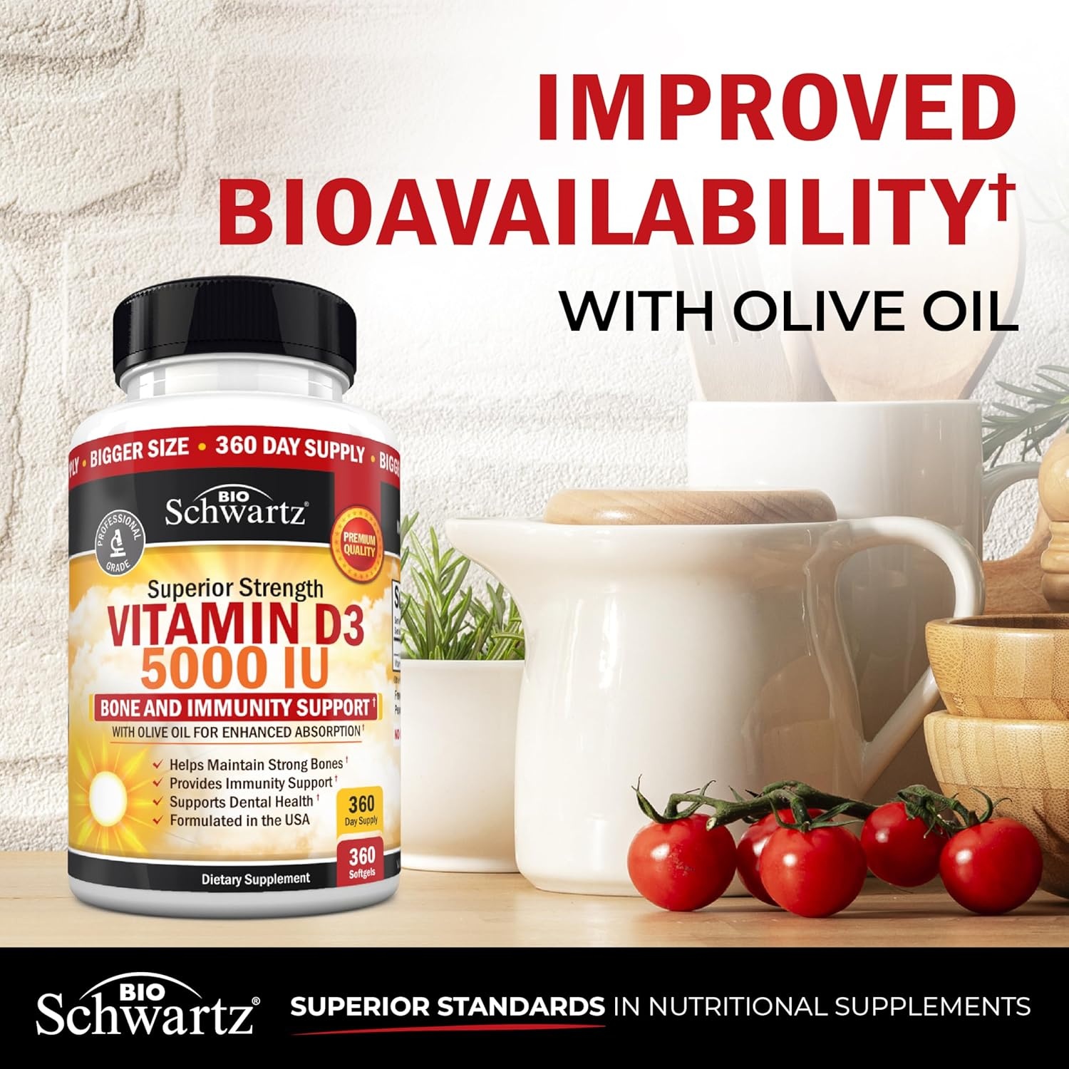 image:imageBioSchwartz Vitamin D3 5000 IU 125 mcg Chewable Tablets Immune Support Bone Strength Healthy Muscle Function GlutenFree and NonGMO Chewable Vitamin D for Adults 90Day Supply 90 Count360 Count Pack of 1