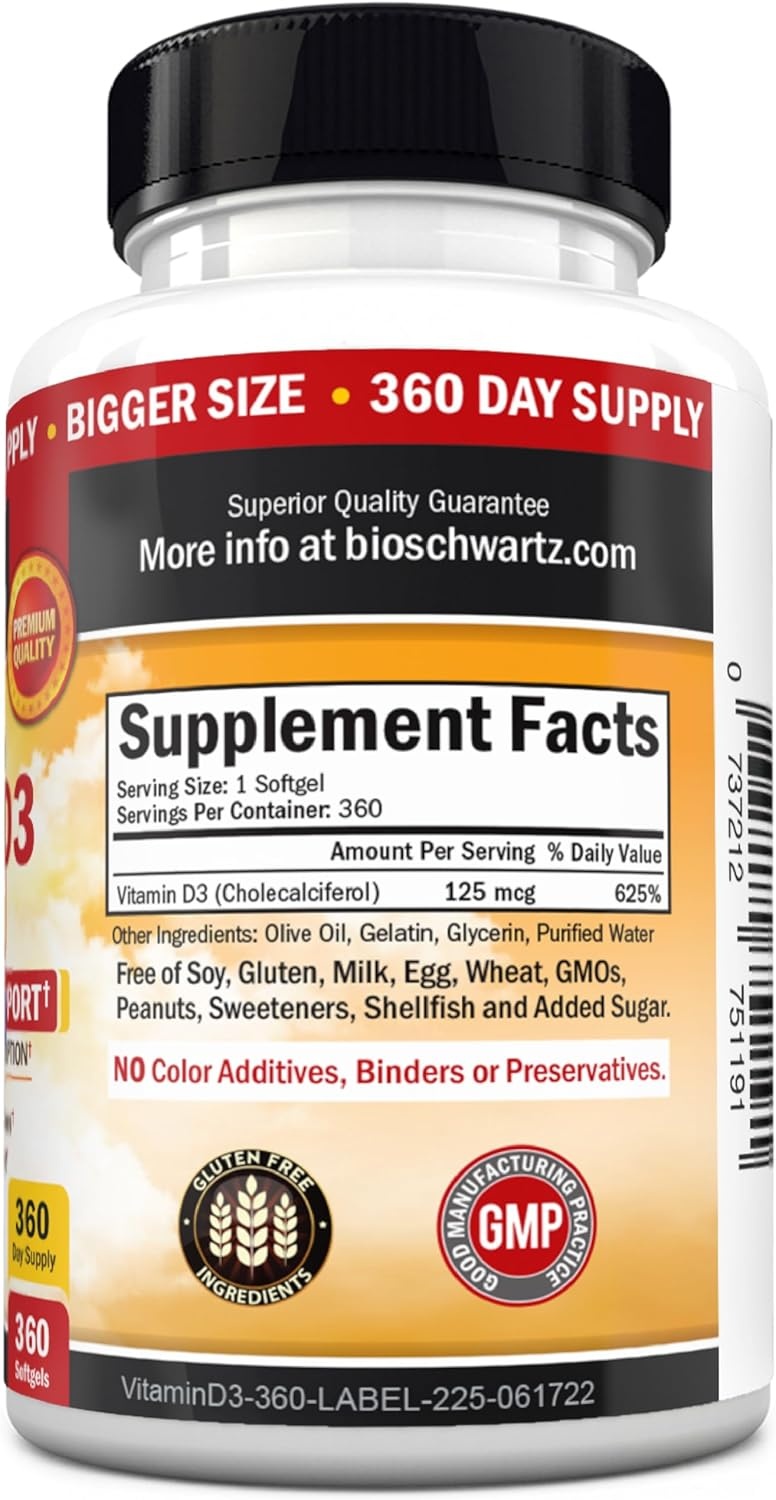 image:imageBioSchwartz Vitamin D3 5000 IU 125 mcg Chewable Tablets Immune Support Bone Strength Healthy Muscle Function GlutenFree and NonGMO Chewable Vitamin D for Adults 90Day Supply 90 Count360 Count Pack of 1