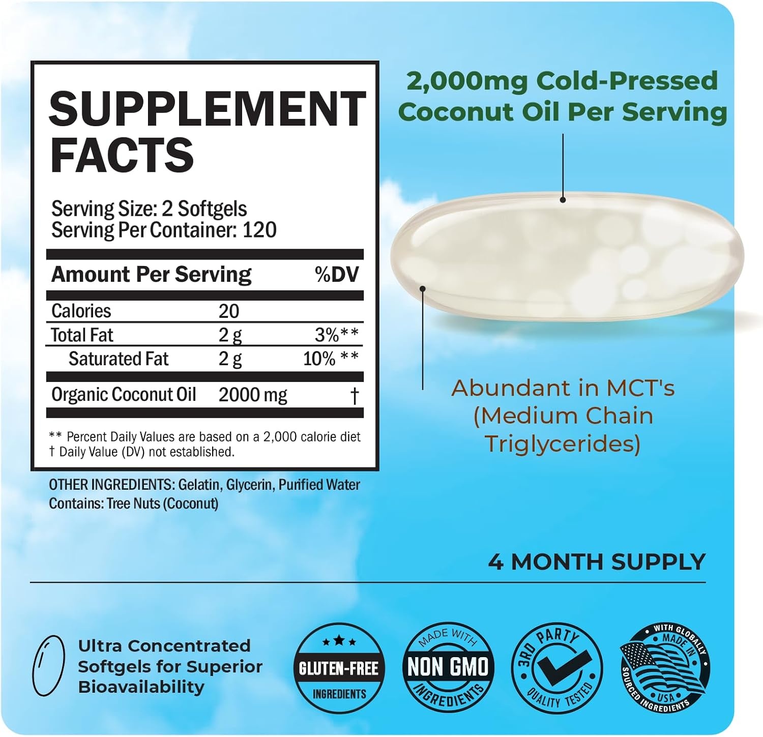 image:imageCoconut Oil Capsules 2000mg Organic Pure Extra Virgin Unrefined Cold Pressed MCT Rich amp NonGMO for Healthy Skin Nails Hair Growth Support Bloating Anti Aging Digestion 120ct 2 Month Supply240 Count Pack of 1