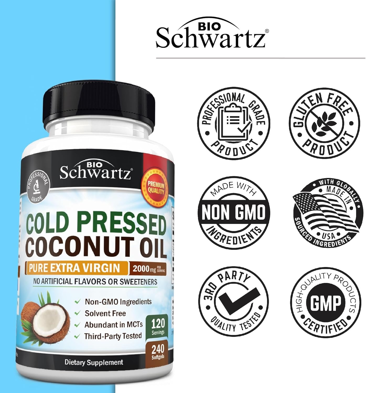 image:imageCoconut Oil Capsules 2000mg Organic Pure Extra Virgin Unrefined Cold Pressed MCT Rich amp NonGMO for Healthy Skin Nails Hair Growth Support Bloating Anti Aging Digestion 120ct 2 Month Supply240 Count Pack of 1