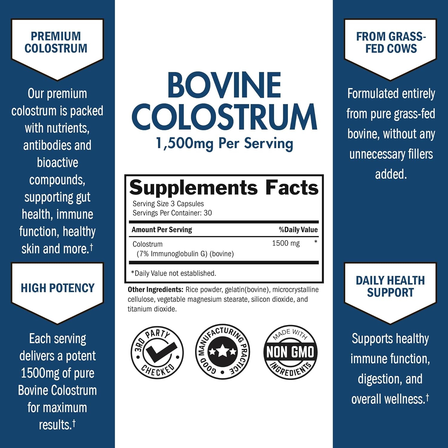 image:imageColostrum Supplement Extra Strength 1500mg Per Serving Grass Fed Colostrum Capsules from Bovine First Milking Supports Gut Health and Immunity for Women and Men NonGMO Gluten Free 90 Count90 Count Pack of 1