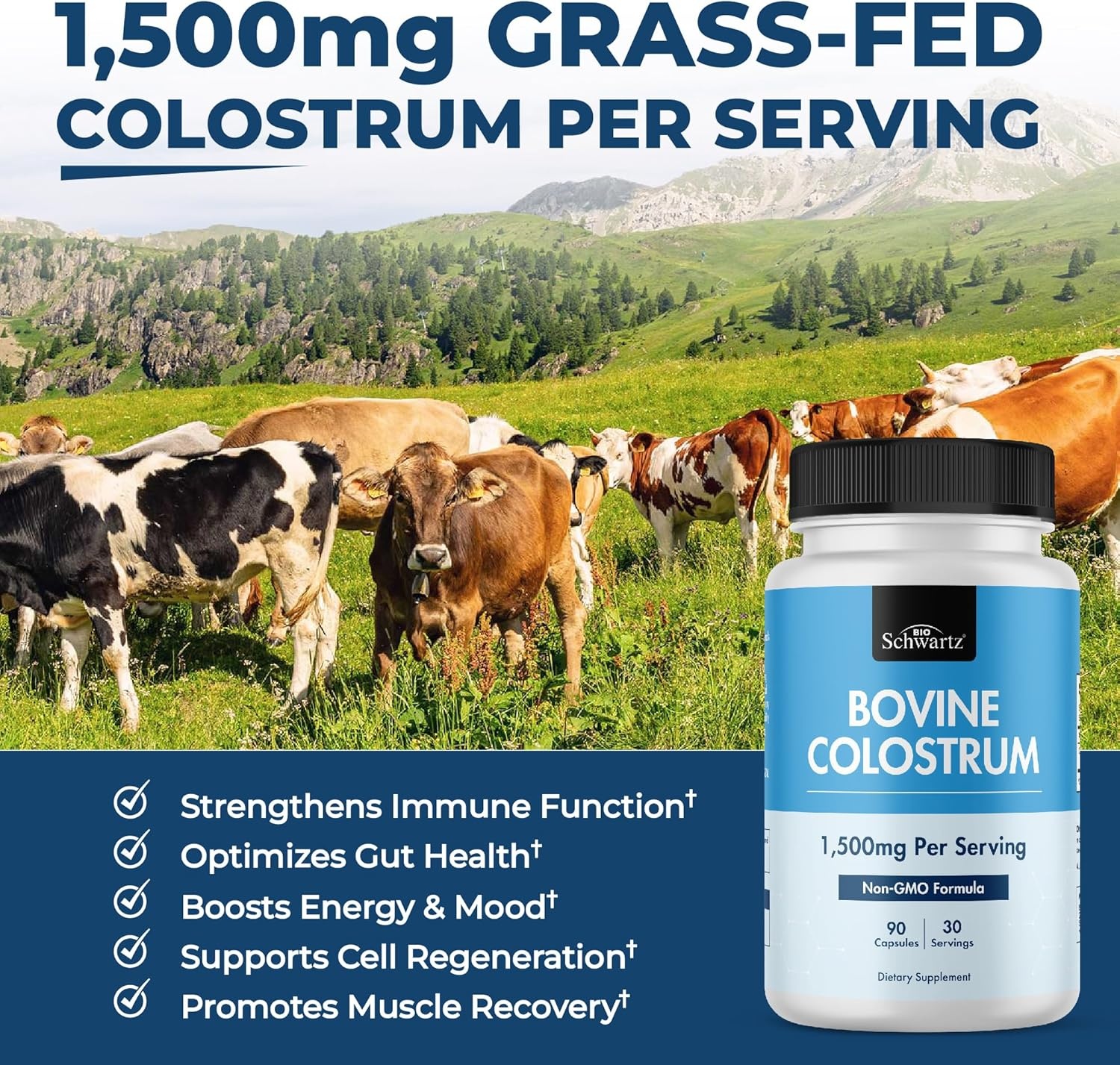 image:imageColostrum Supplement Extra Strength 1500mg Per Serving Grass Fed Colostrum Capsules from Bovine First Milking Supports Gut Health and Immunity for Women and Men NonGMO Gluten Free 90 Count90 Count Pack of 1