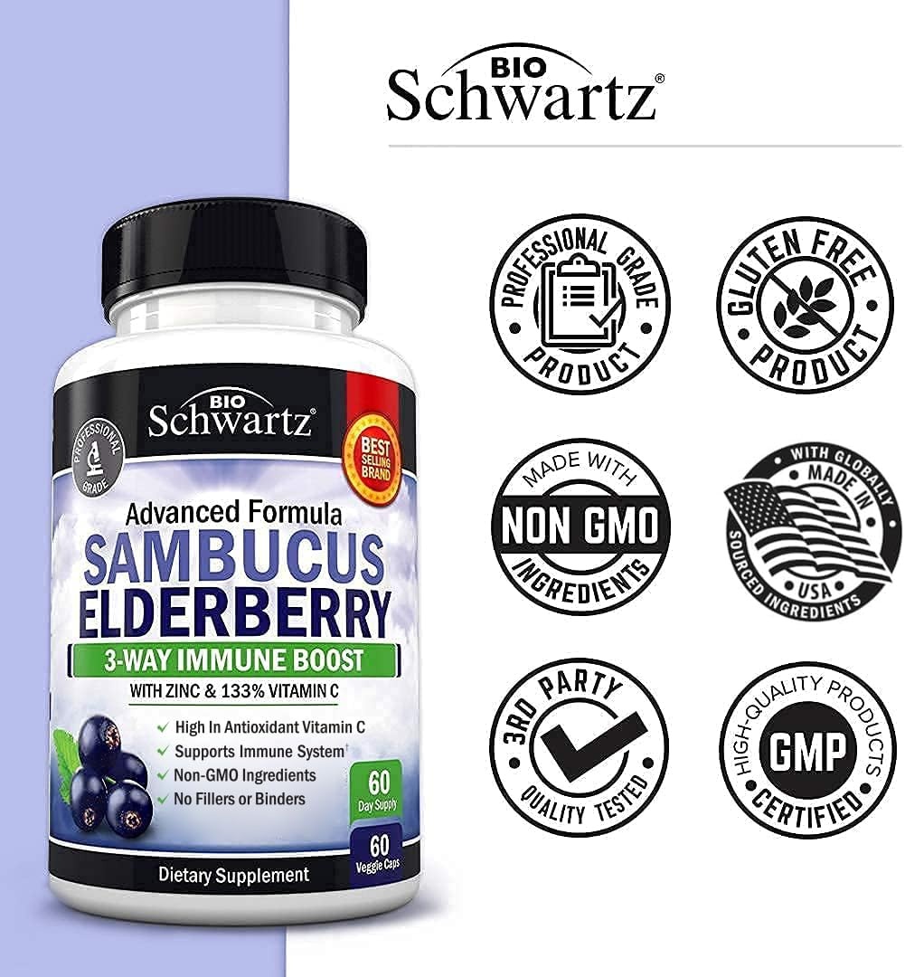 image:imageElderberry Capsules with Zinc and Vitamin C for Adults Immune Support Vitamins for Women and Men Black Sambucus Elderberry Vitamin C and Zinc Immune Defense Multiminerals Supplement 60 Count60 Count Pack of 1