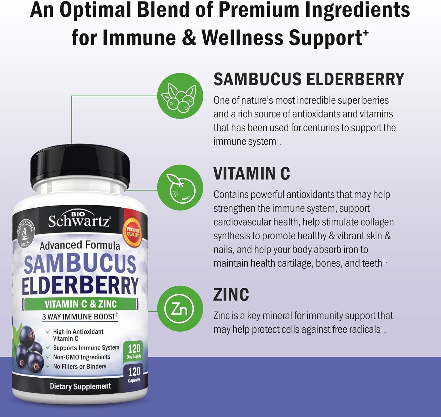 image:imageElderberry Capsules with Zinc and Vitamin C for Adults Immune Support Vitamins for Women and Men Black Sambucus Elderberry Vitamin C and Zinc Immune Defense Multiminerals Supplement 60 Count120 Count Pack of 1