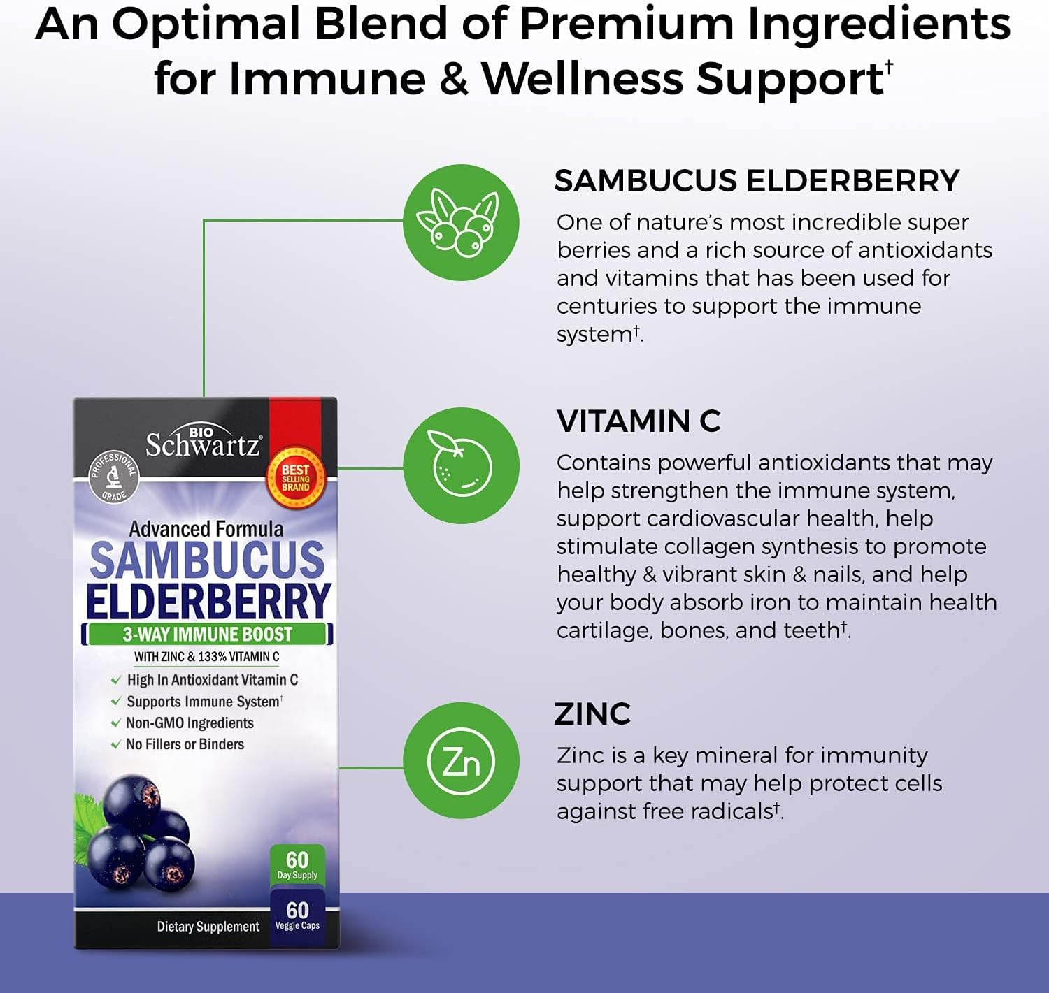 image:imageElderberry Capsules with Zinc and Vitamin C for Adults Immune Support Vitamins for Women and Men Black Sambucus Elderberry Vitamin C and Zinc Immune Defense Multiminerals Supplement 60 Count60 Count Pack of 1