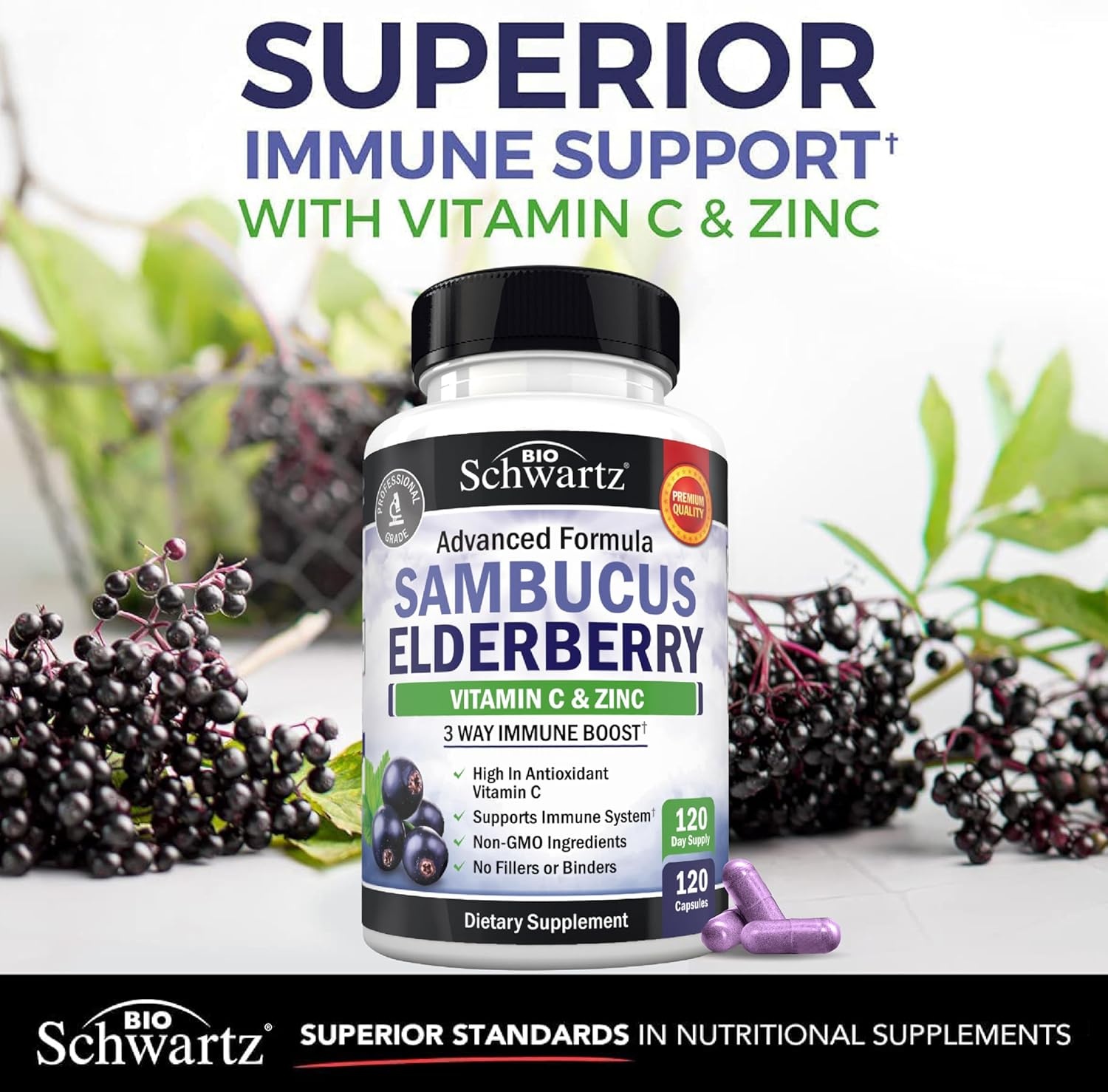 image:imageElderberry Capsules with Zinc and Vitamin C for Adults Immune Support Vitamins for Women and Men Black Sambucus Elderberry Vitamin C and Zinc Immune Defense Multiminerals Supplement 60 Count120 Count Pack of 1