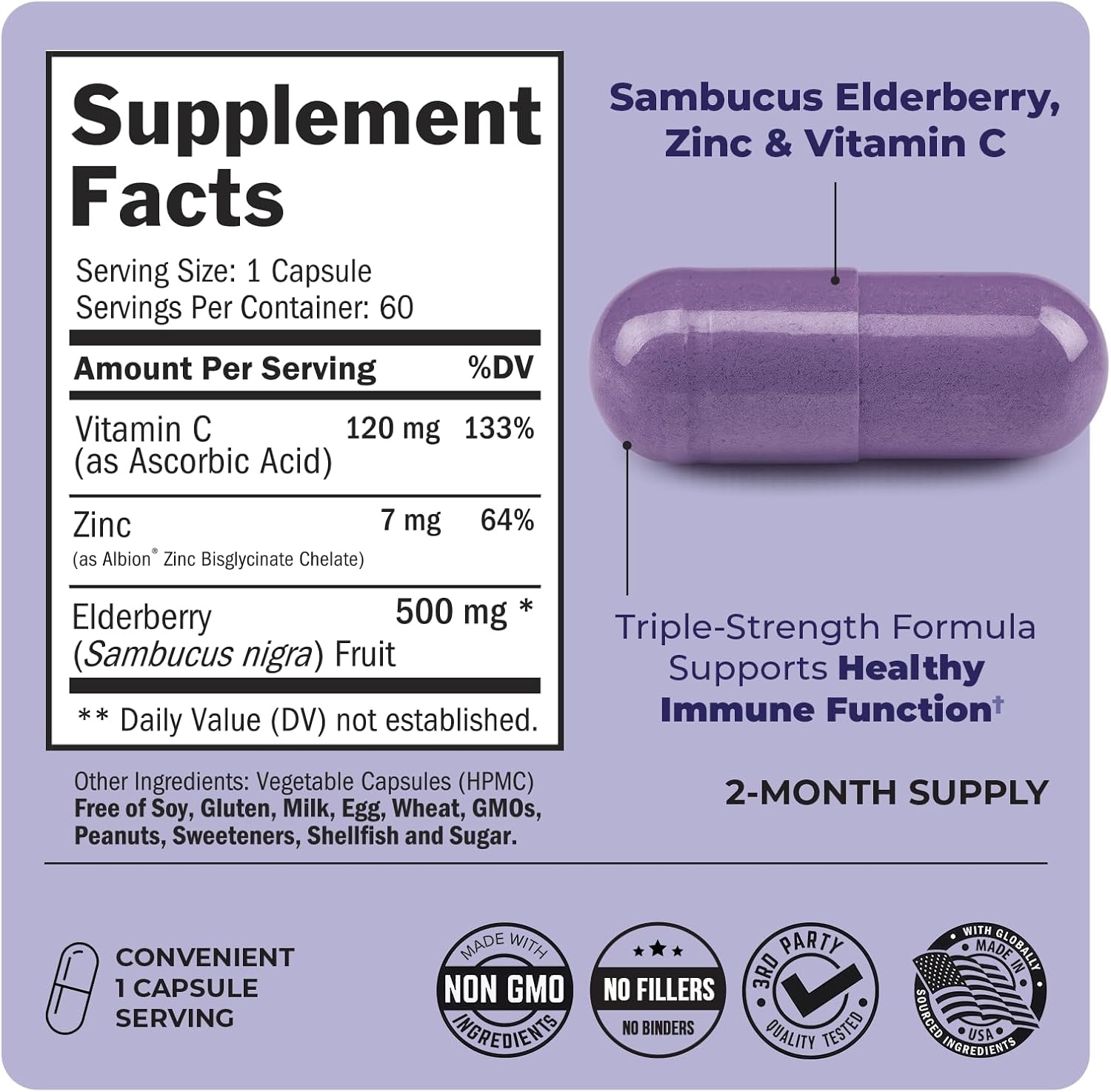 image:imageElderberry Capsules with Zinc and Vitamin C for Adults Immune Support Vitamins for Women and Men Black Sambucus Elderberry Vitamin C and Zinc Immune Defense Multiminerals Supplement 60 Count60 Count Pack of 1
