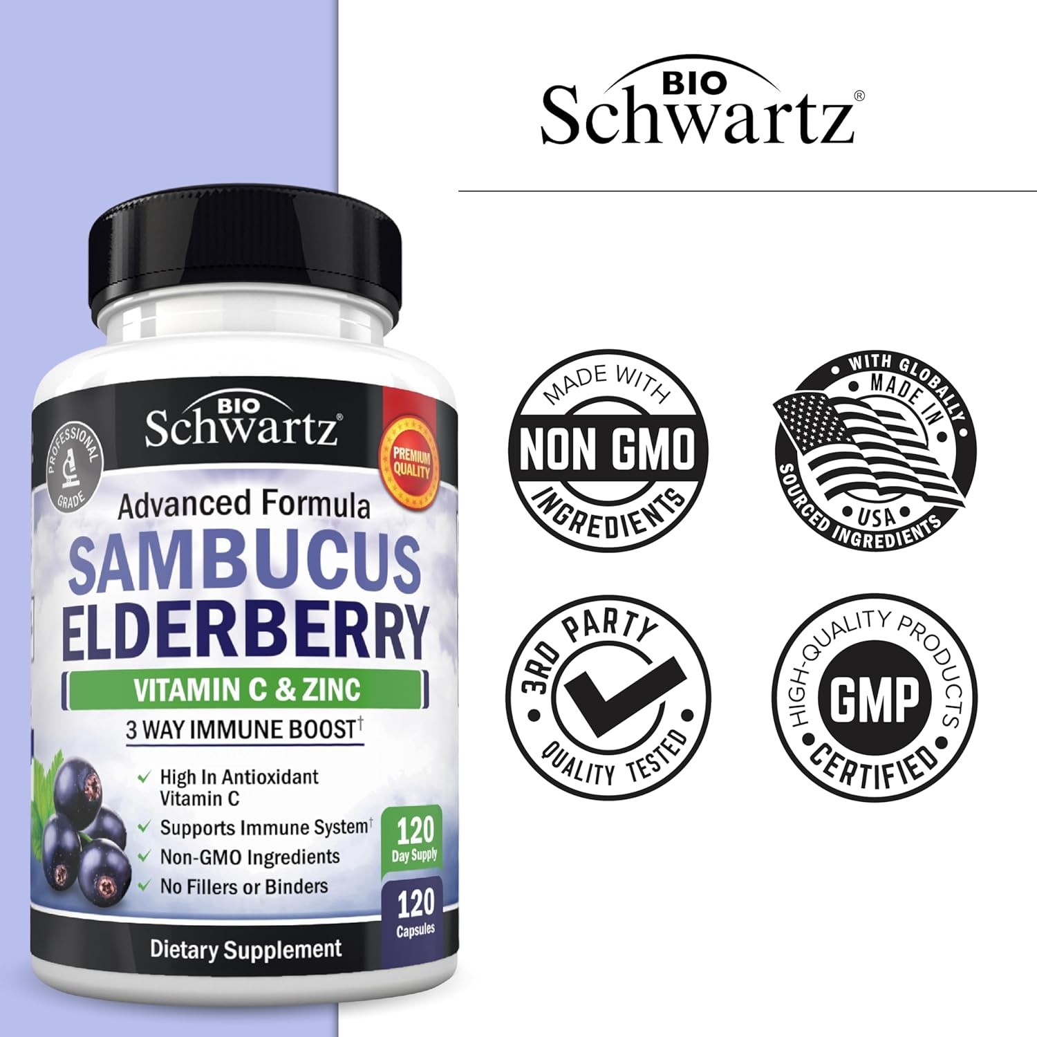 image:imageElderberry Capsules with Zinc and Vitamin C for Adults Immune Support Vitamins for Women and Men Black Sambucus Elderberry Vitamin C and Zinc Immune Defense Multiminerals Supplement 60 Count120 Count Pack of 1