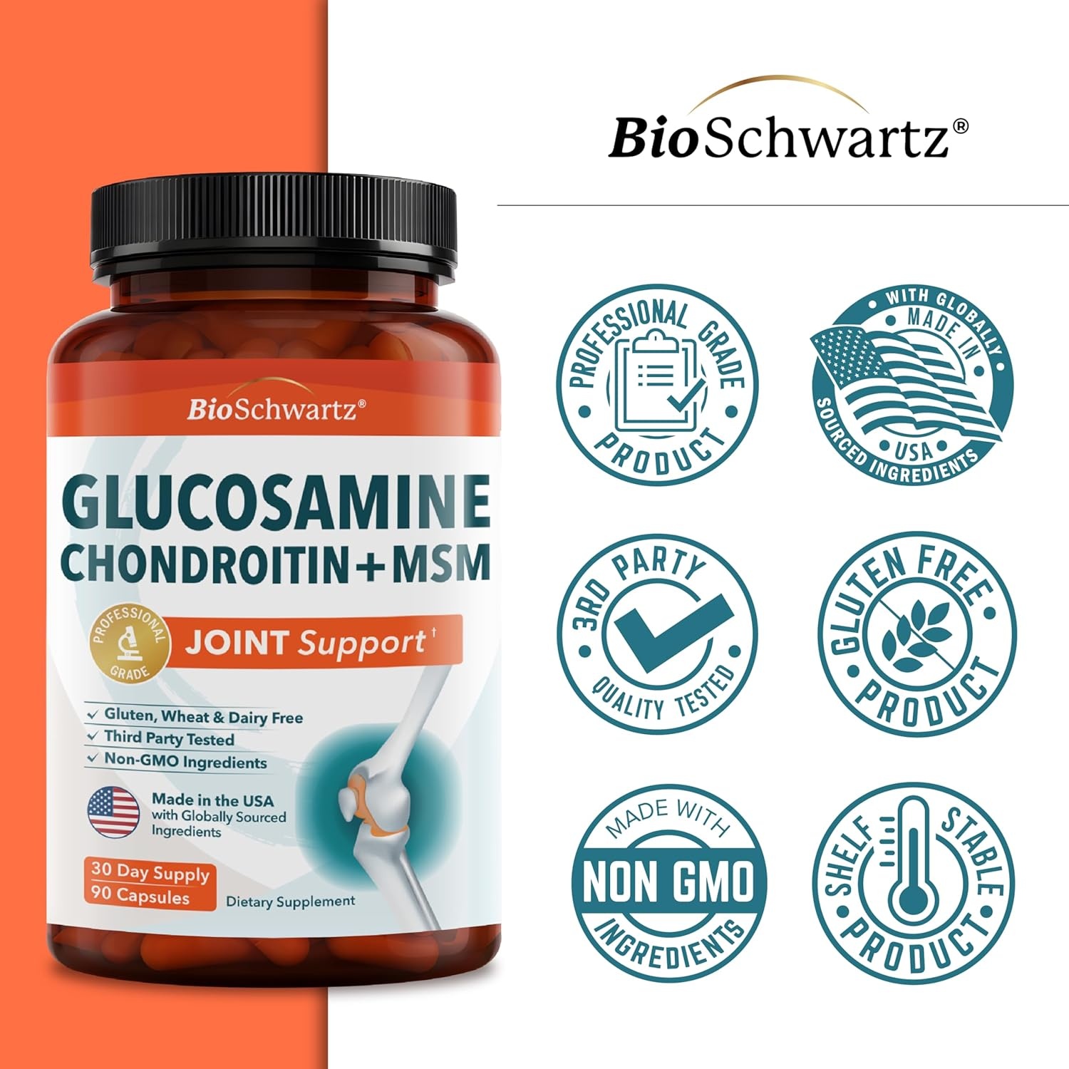 image:imageGlucosamine Chondroitin MSM Joint Support Supplement Collagen Peptides Turmeric and Ginger Hyaluronic Acid Glucosamine Chondroitin Sulfate for Joint Comfort Gluten Free Non GMO 90 Capsules90 Count Pack of 1
